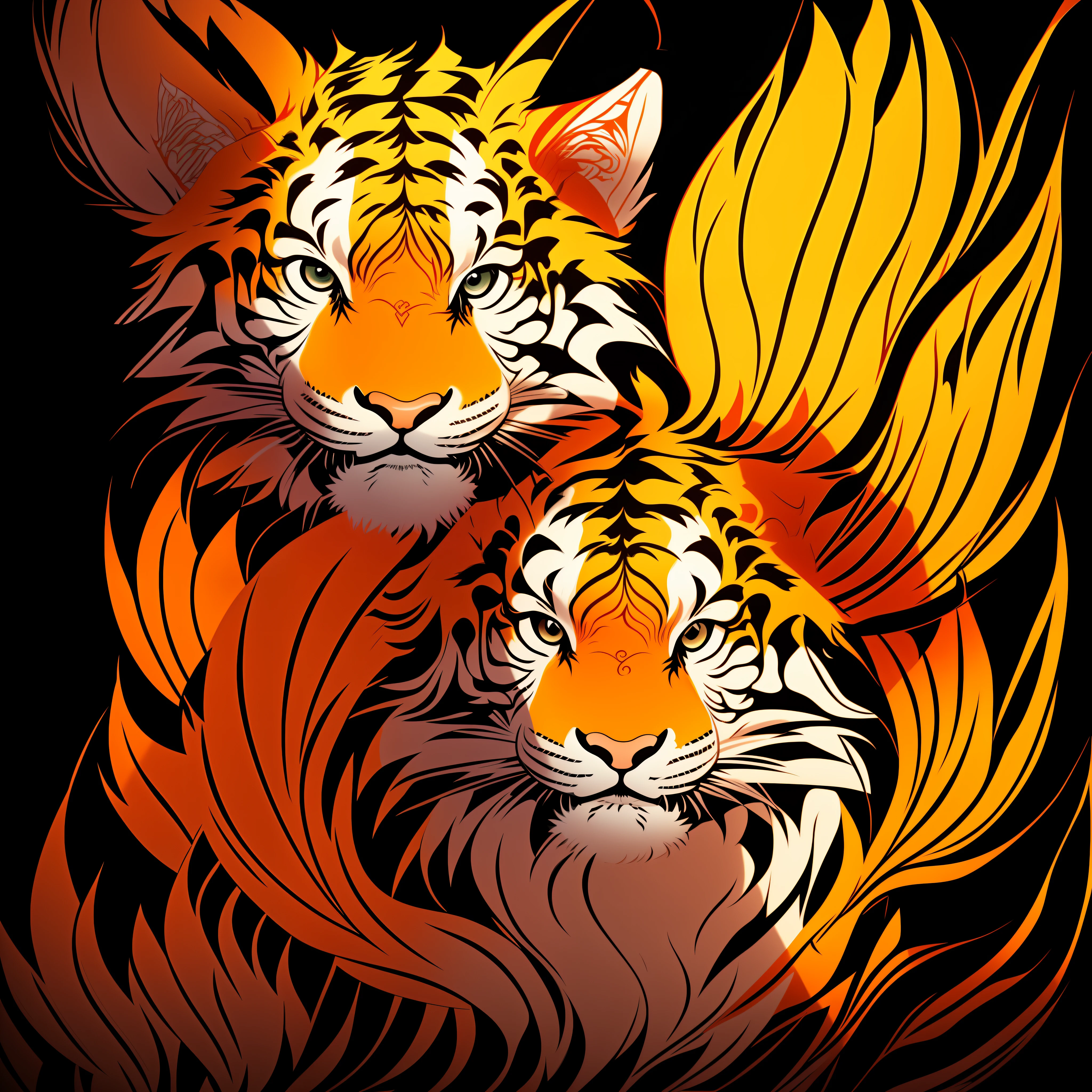 Close-up of an ancient Chinese adult Siberian tiger, mural, fierce expression, Asura in Chinese mythology, ancient Chinese art style, Wen Boren, pale yellow Chinese tiger fantasy, mythical creatures, Chinese Siberian tiger concept art, ancient Chinese gorgeous, Chinese mythology, ink flower, inspired by Puhua, an ancient creature, qigong, single close-up, with body