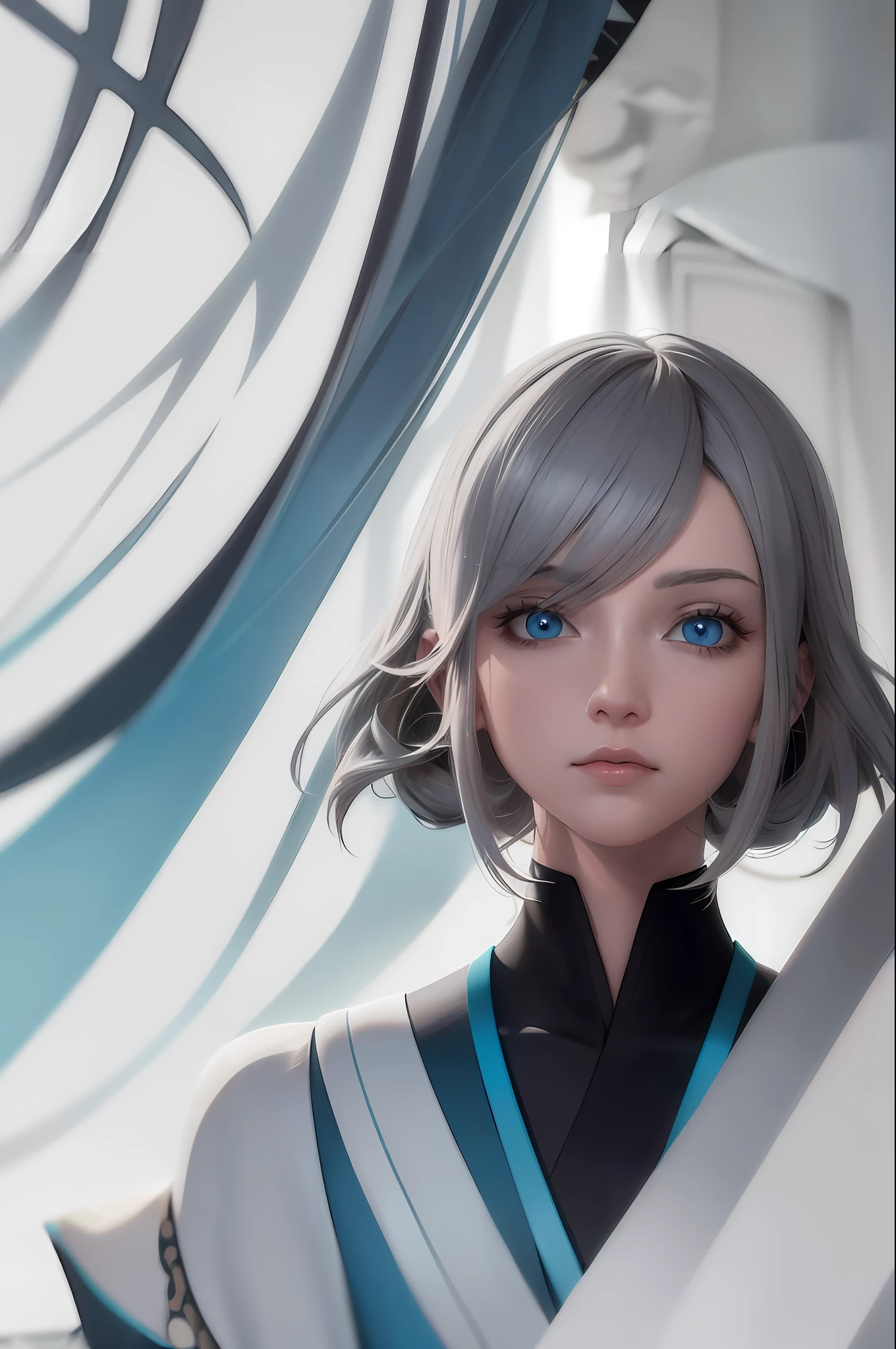 incredibly dumb, ray tracing, top quality, masterpiece, gray hair, blue eyes, upper body, true body, beautiful detail eyes, aqua gradient eyes, kimono,
