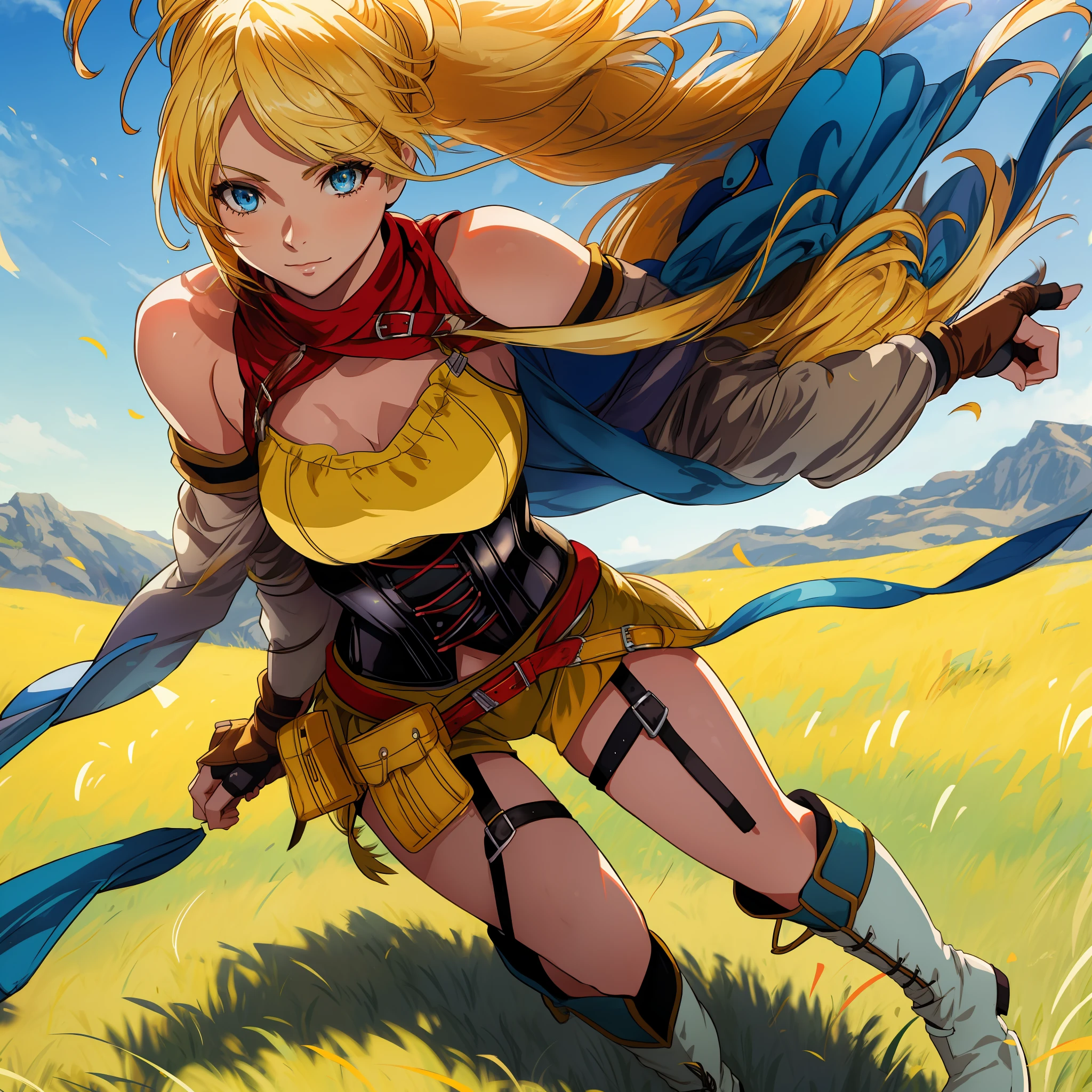 solo, 1 woman, Rikku, yellow hair, messy ponytail and bangs, blue eyes, smooth chest, wearing a sexy corset, blue boots, in grassy plains, masterpiece, best quality, 8k, sharp focus, depth of field, best shadows, perfect lights, HDR, realistic skin texture, intricately detailed, hyper detailed background, anime style, wind effect, fingerless gloves