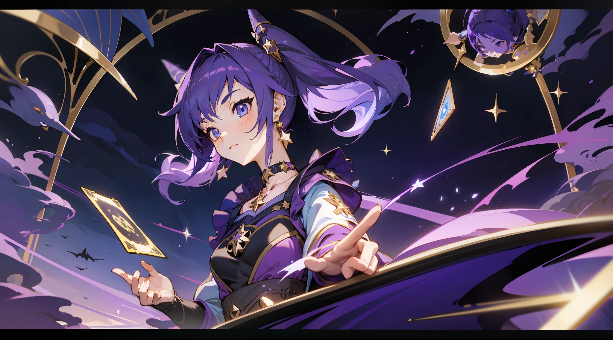 (1 girl), illustration, Mona \(Genshin Impact\), choker, star \(symbol\), witch, blue eyes, shining eyes, dark purple hair, dark purple hair, ponytails, earrings, white apron, purple dress, gold jewelry, landscape, night, magic, fortune teller, cards