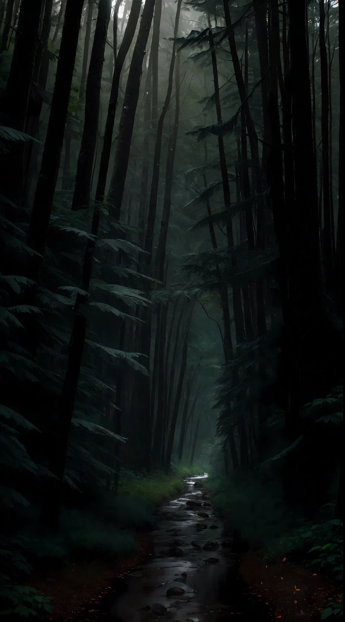 Dense forest in torrential rain at night, raindrops pouring from trees, distant thunder rumbling, masterpiece, best quality, high quality, extremely detailed CG unity 8k wallpaper, oil painting, award winning photography, bokeh, depth of field, HDR, bloom, chromatic aberration, photorealism, very detailed, trending on artstation, trending on CGsociety, intricate, high detail, dramatic, midjourney art (volumetric lighting: 1.2)