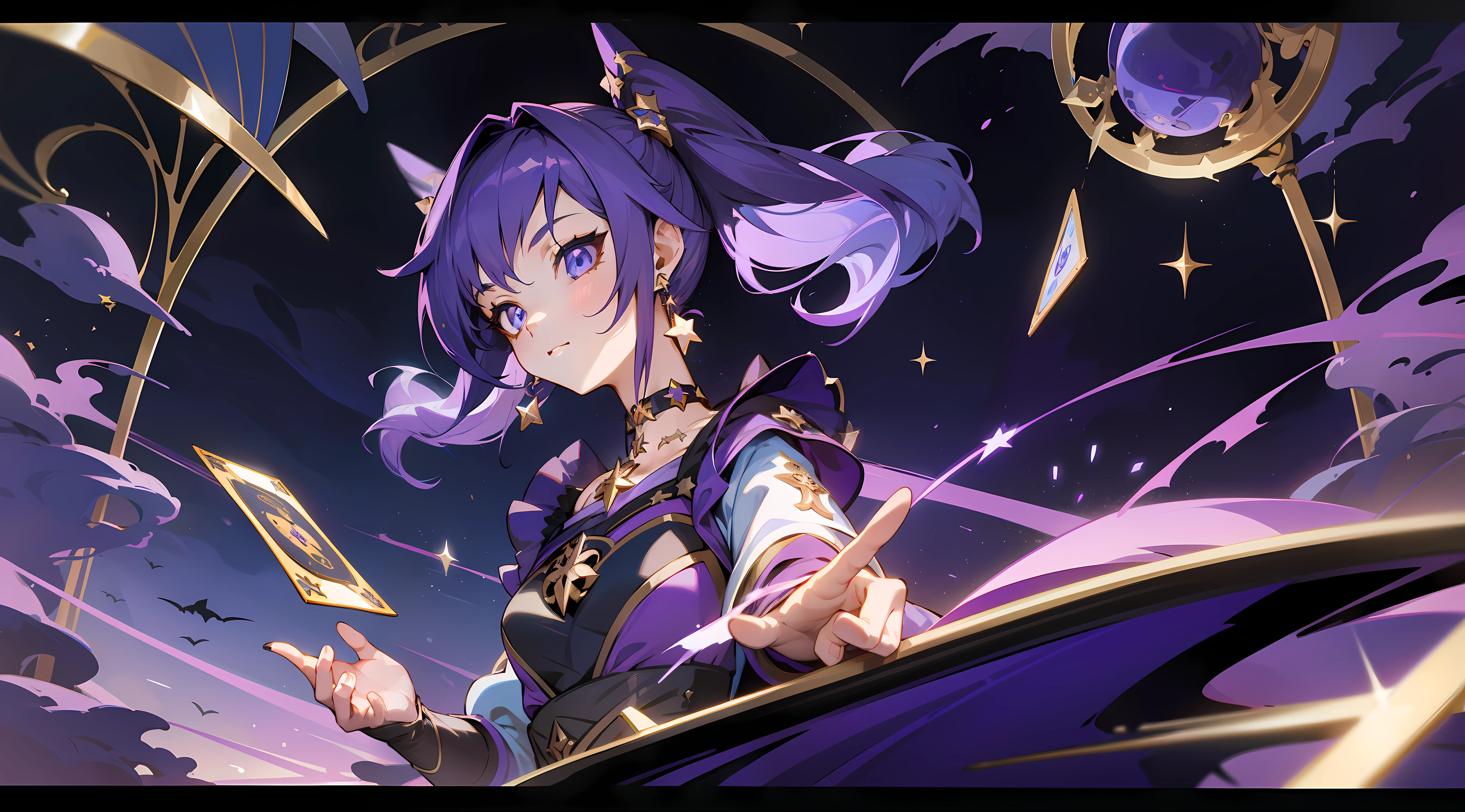 (1 girl), illustration, Mona \(Genshin Impact\), choker, star \(symbol\), witch, blue eyes, shining eyes, dark purple hair, dark purple hair, ponytails, earrings, white apron, purple dress, gold jewelry, landscape, night, magic, fortune teller, cards
