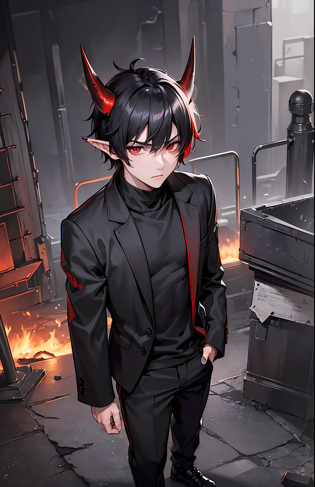 ((((dramatic))), (((gritty))), (((intense))).  color palette is very intense. ((1 boy)), colorful, fantasy church background, pale skin, detailed eyes, detailed face, ((black hair, messy hair, short hair)) ((red eyes)), (((night time))) ((tired expression)), ((oni demon horns black to red)), elf ears, turtleneck pullover, ((dark eyebags)), ((mature, young adult, masculine, tall, sharp features))) (((modern outfit, classy, very baggy clothing, black clothing, baggy pants))