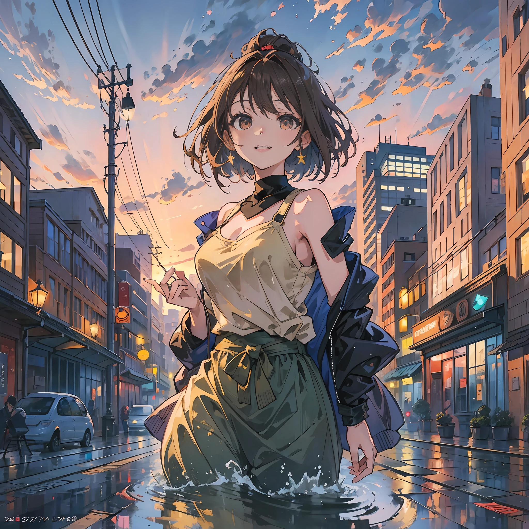 One girl, masterpiece, top quality, anime illustration, half-body, (one in the photo: 1.3), (alone: 1.3), seductive light smile, short shoulder-length hair, brown hair, attractive eyes, big breasts, showing cleavage, t-shirt, draped in coat, sunset, ponding, playing on the street, busy street. --auto --s2