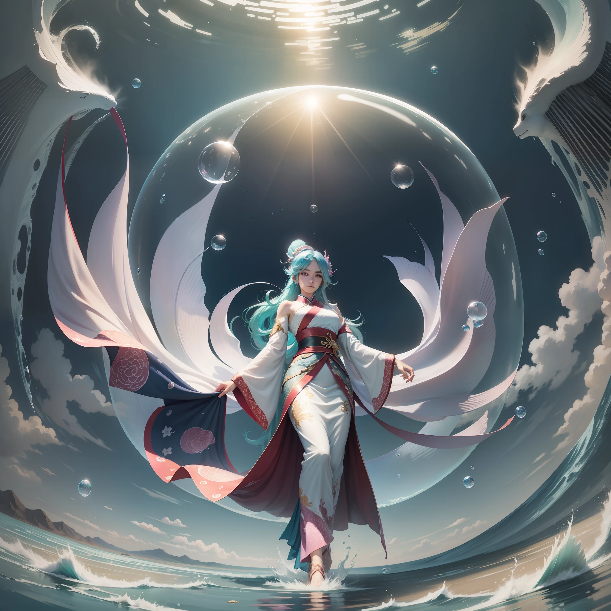 Make a cool, male cartoon mermaid walking in a bubble, dressed in gorgeous Hanfu, anime feeling, dry background