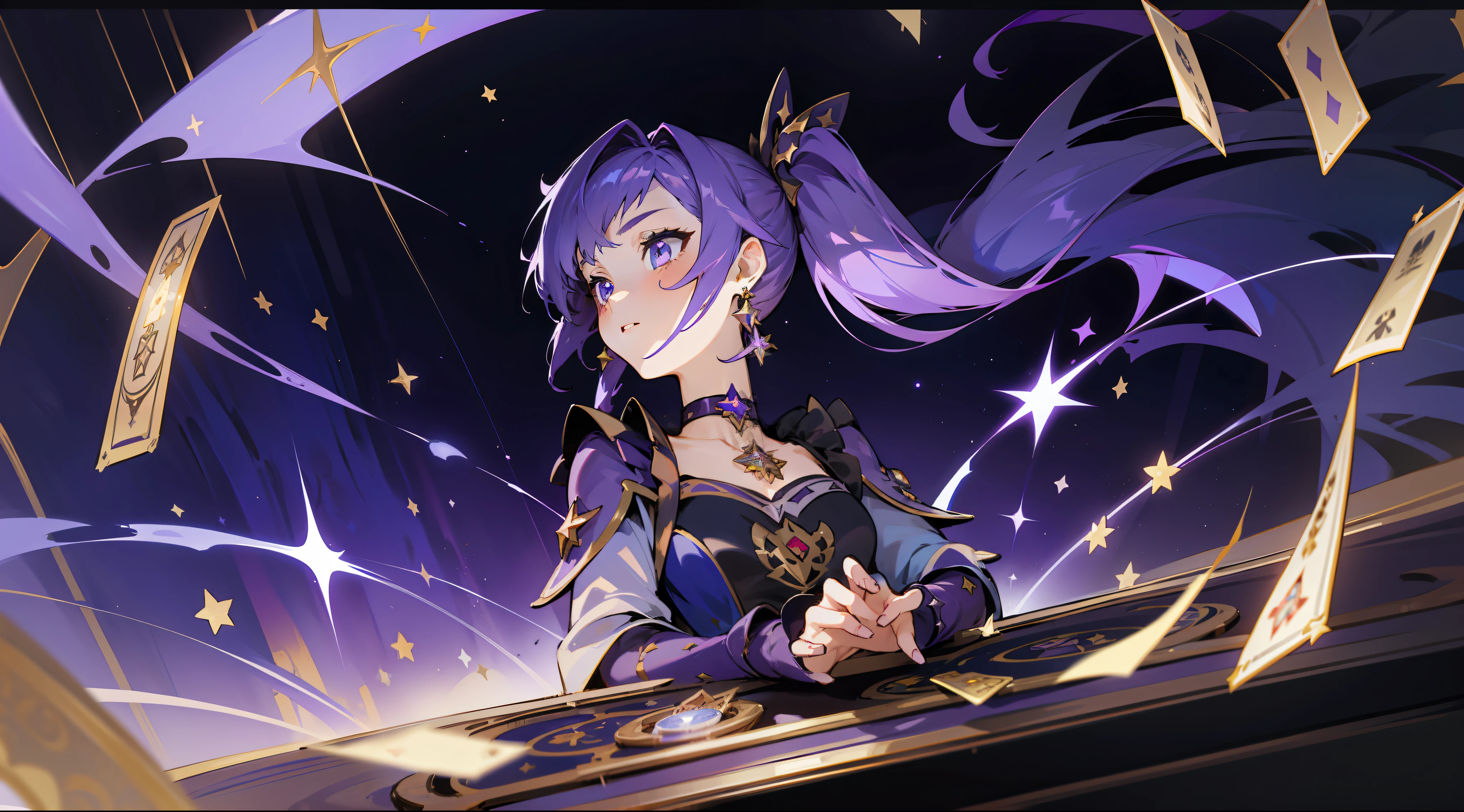 (1 girl), illustration, Mona \(Genshin Impact\), choker, star \(symbol\), witch, blue eyes, shining eyes, dark purple hair, dark purple hair, ponytails, earrings, white apron, purple dress, gold jewelry, landscape, night, magic, fortune teller, cards