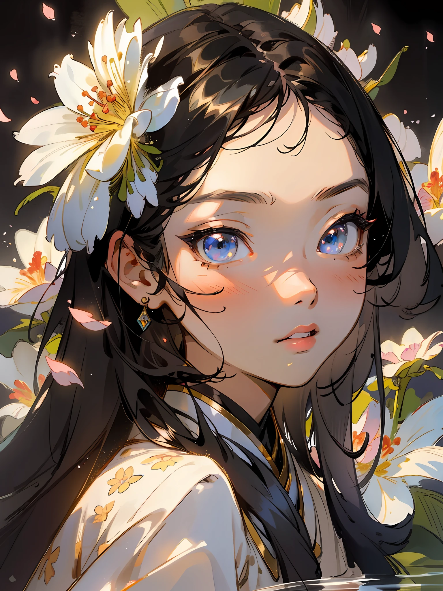 masterpiece, high quality, highly detailed, (rim lighting, spot lighting:0.75), ((good anatomy)), portrait, 1girl, (finely detailed face and beautiful eyes), oriental, solo, close up, blossomed flower, innocent eyes expressions, black hair, advanced color scheme, rich background, illustration, petals, reflection light, warm light,