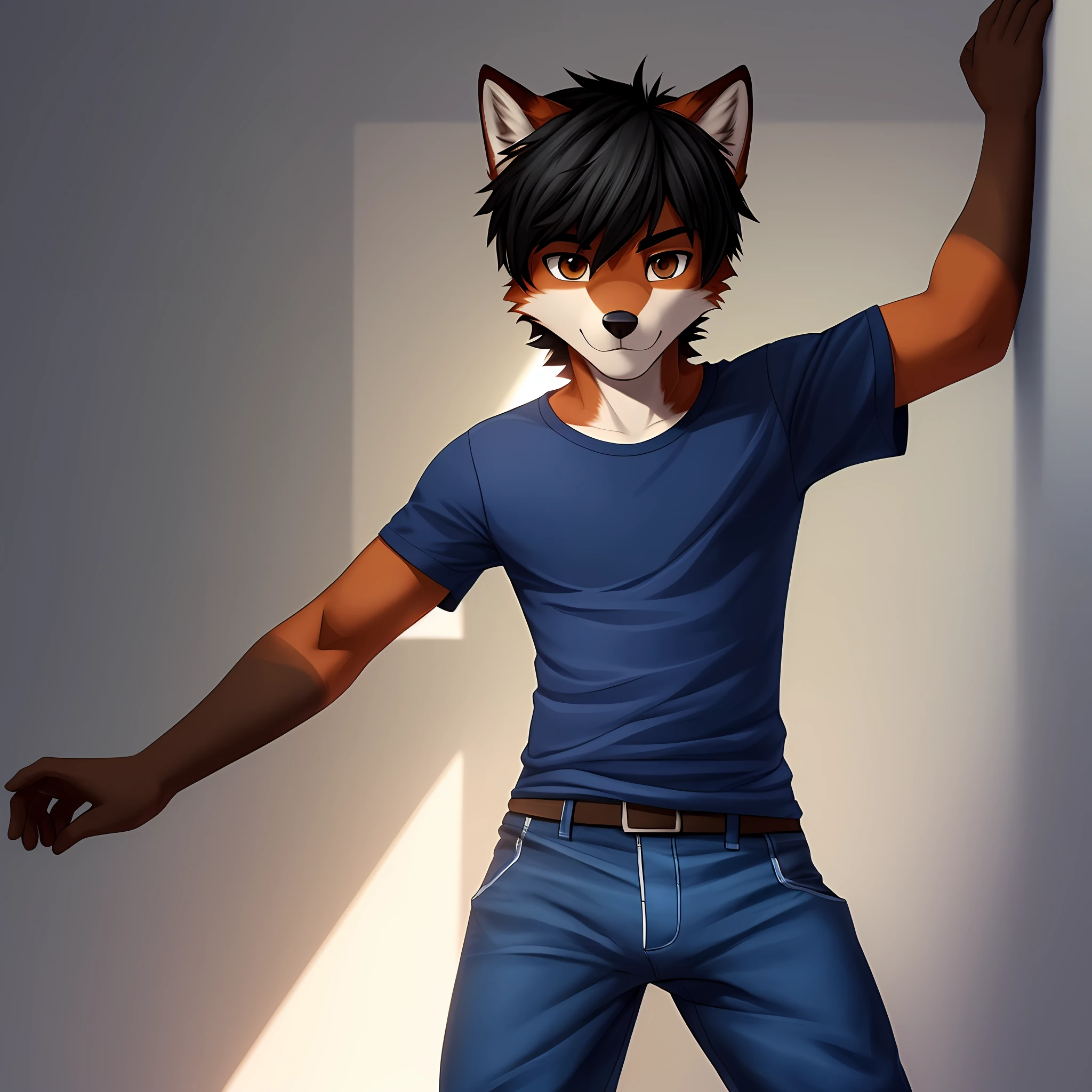Anthro, red wolf, 1boy, blue shirt and tight blue pants, (bulge: 0.3), detailed clothing, soft light, great lighting, black hair, brown eyes, hairstyle, solo, just one character, only one person, only one, no group, no double