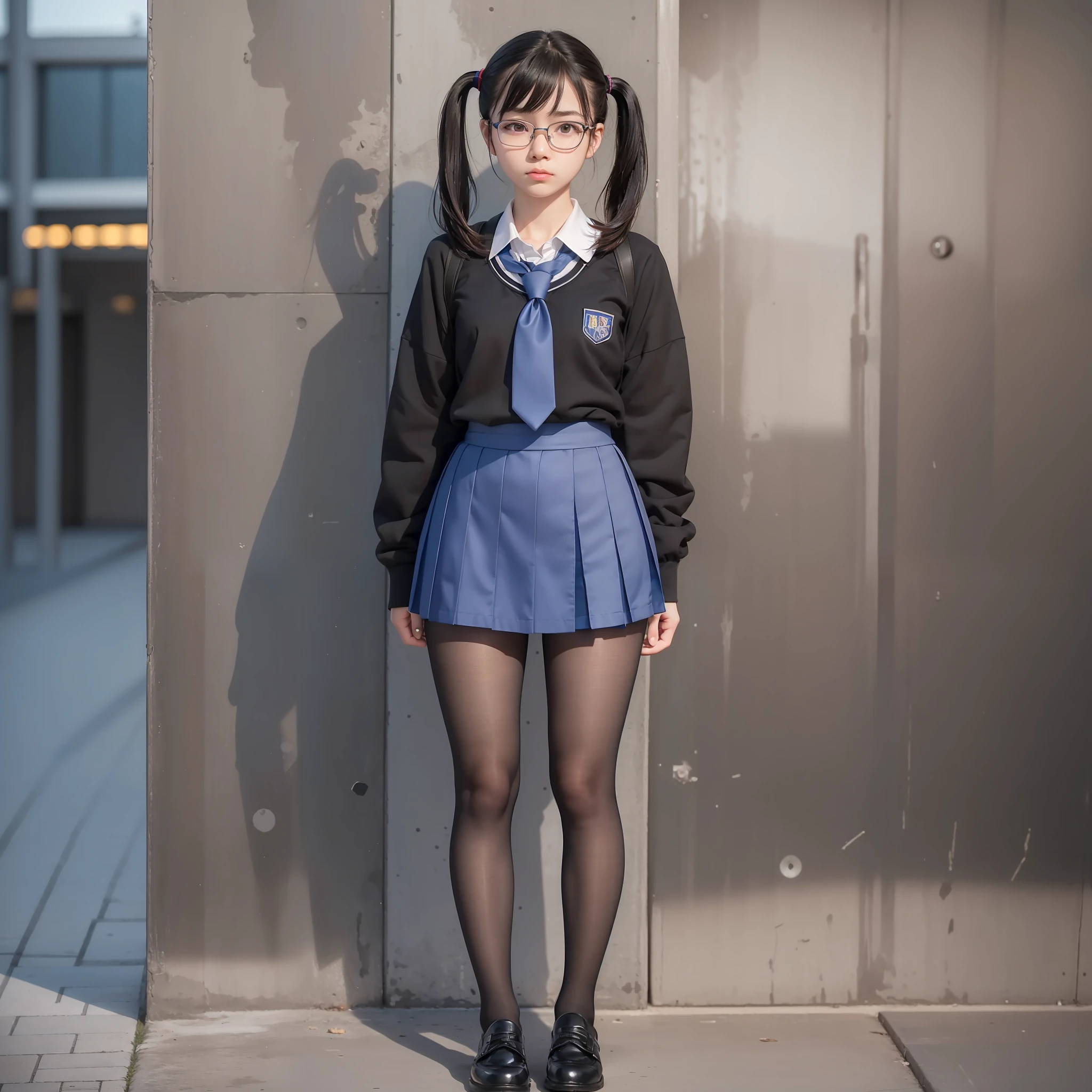 raw photo, candid,one girl, solo, narrow eyes, full body, black pantyhose, textured skin, ,blue tie, short twin tails, bangs about eyebrows,(medium hair:1.2), pale skin, Japan person, glasses, small, young, tall, dark expression, bright black eyes, anger, school uniform, Shiogama high school girl's skirt, slender body, medium build, small waist, wide thighs, photorealistic, best quality, 8K, masterpiece
