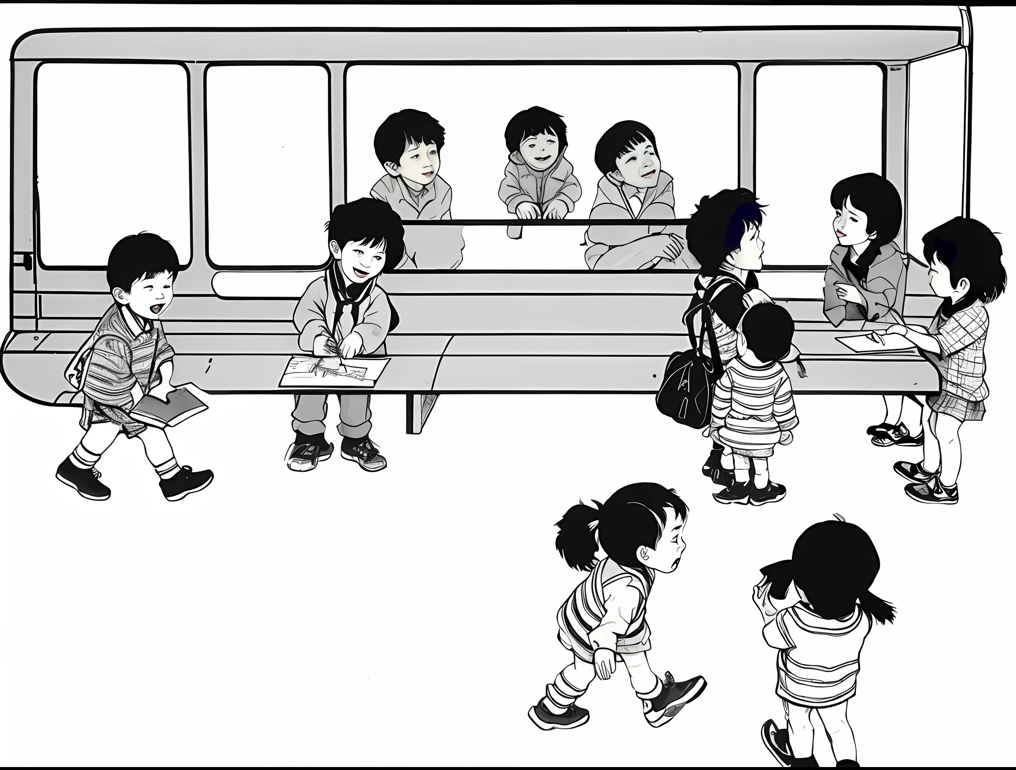 There are many people standing in front of the bus, by Naka Bokunen, by Hiroshi Honda, 1980 manga, by Gigadō Ashiyuki, by Urakura Sai Nagahide, by Yokoyama Daikan , by Kaburagi Kiyokata, by Fujiwara Nobuzan, children, by Tsubasa Nakai, line drawing children's drawing, coloring.