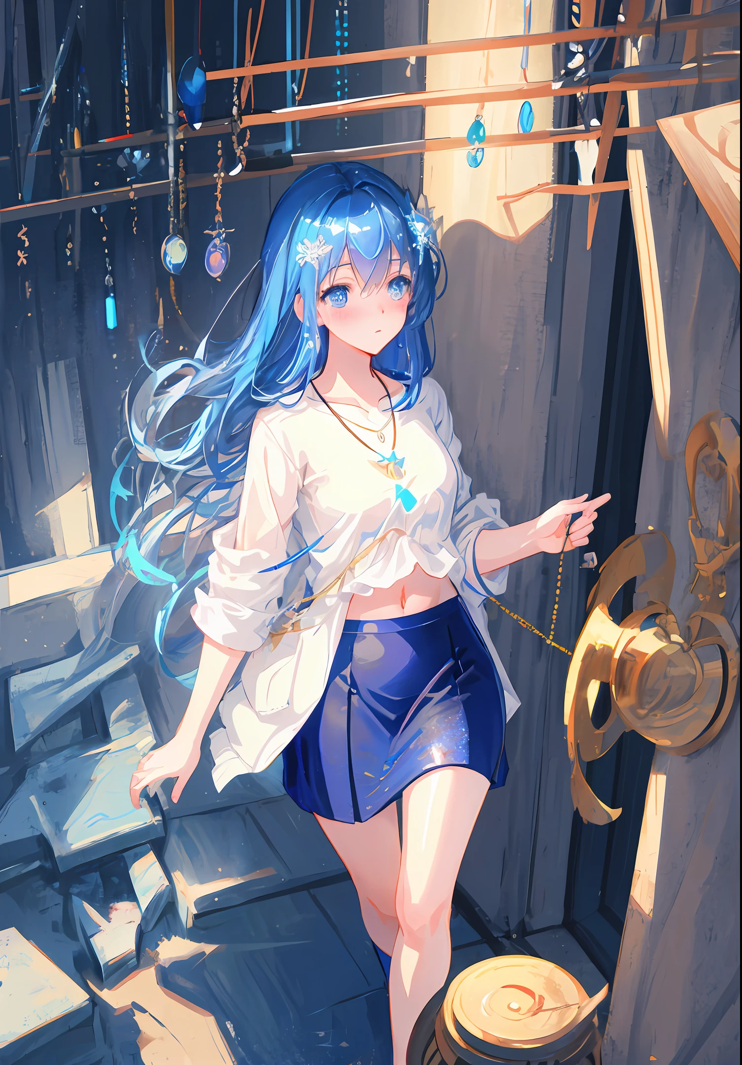 pixiv,masterpiece,bestquality,ultra-detailed,illustration,beautiful detailed,blue eyes,blue hair,shiny skin,shiny hair,medium breasts,covered erect,thighs,pencil skirt,blush,embarrassed,hair ornament,necklace,navel,naked,pantyhose