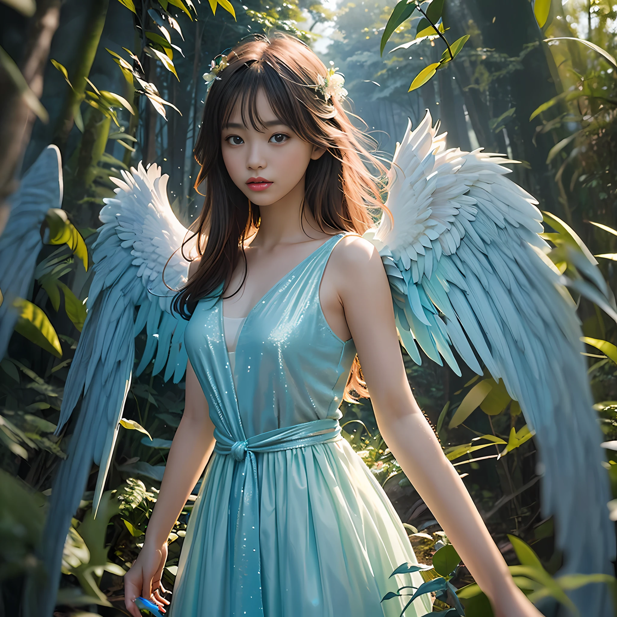arafed woman in a blue dress with wings in a forest, young wan angel, beautiful angel, of beautiful angel, beautiful female angel, with beautiful wings, full - body majestic angel, angelic wings on her back, of an beautiful angel girl, ethereal wings, wearing angel, portrait of a beautiful angel, angelic wings, angelic, angel girl, tall female angel