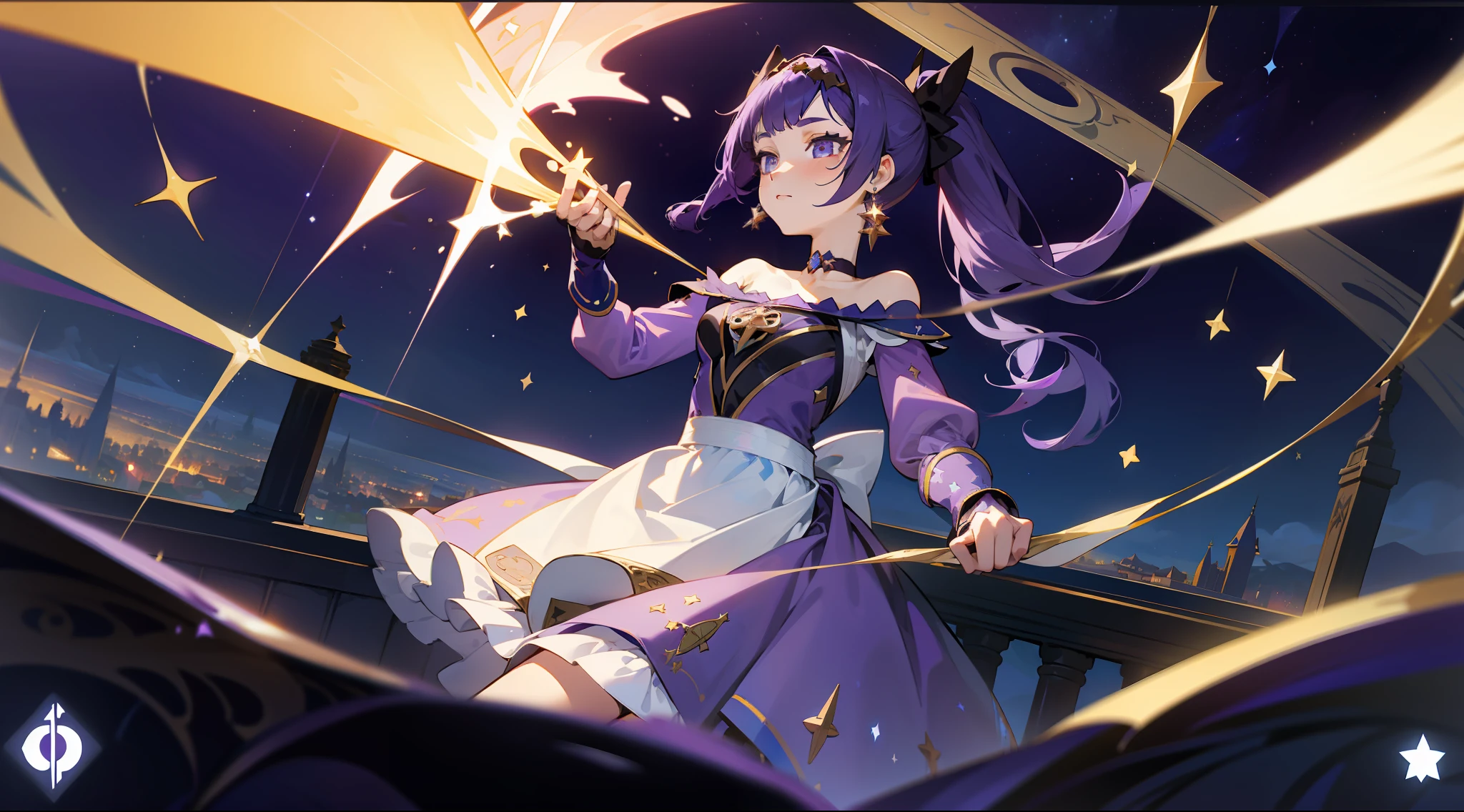 (1 girl), illustration, Mona \(Genshin Impact\), choker, star \(symbol\), witch, blue eyes, shining eyes, dark purple hair, dark purple hair, ponytails, earrings, white apron, purple dress, gold jewelry, landscape, night, magic, fortune teller, cards