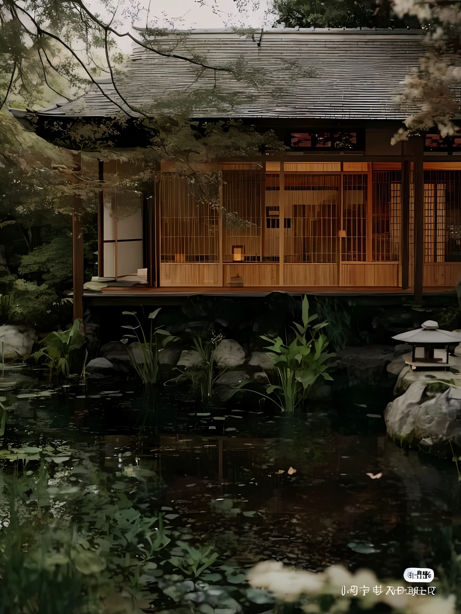 there is a small wooden building with a porch over a pond, inspired by Itō Jakuchū, japanese house, kyoto inspired, inspired by Sesshū Tōyō, inspired by Tōshi Yoshida, peaceful wooden mansion, japanese architecture, quiet and serene atmosphere, inspired by Inshō Dōmoto