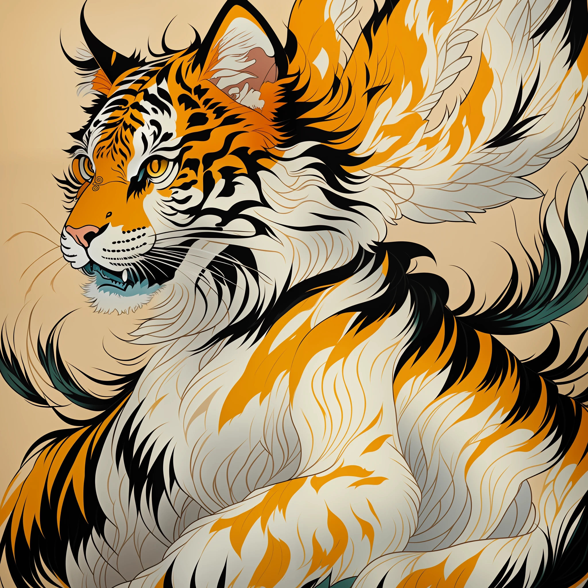 Close-up of an ancient Chinese adult Siberian tiger painting, mural, fierce expression, ashura in Chinese mythology, ancient Chinese art style, Wen Boren, pale yellow Chinese tiger fantasy, mythical creatures, Chinese Siberian tiger concept art, ancient Chinese gorgeous, Chinese mythology, ink flower, inspired by Puhua, an ancient creature, qigong, single close-up, with body, Qing dynasty painting, traditional painting, intricate detail painting