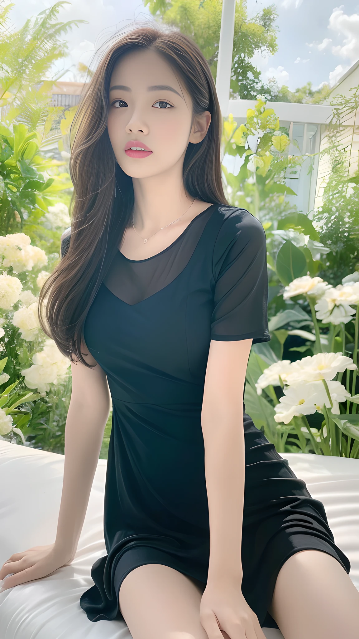 ((Best Quality, 8K, Masterpiece:1.3)), A beautiful girl, pure, melon face, gentle and cute, thin figure, facing right, head to right, lips closed, upper body leaning forward, [plaid skirt::0], [microskirt::0], pleated dress, print dress, negligee, loungewear, black silky long hair, round black big eyes, clear big eyes, moist red lips, sweet, sitting, blue sky and white clouds, sunlight, flower background,