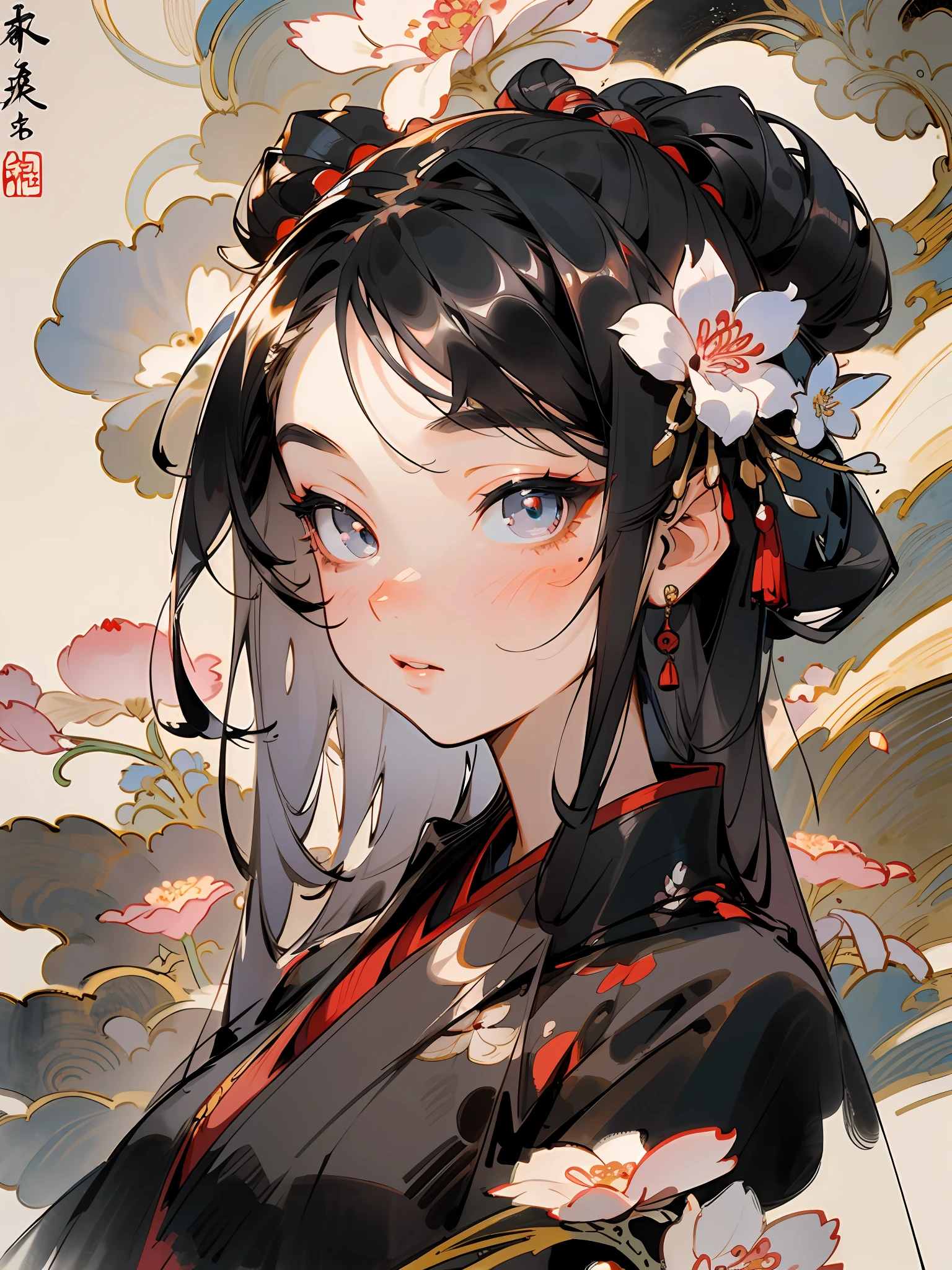masterpiece, high quality, highly detailed, (rim lighting, spot lighting:0.75), ((good anatomy)), portrait, 1girl, (finely detailed face and beautiful eyes), oriental, solo, close up, blossomed flower, innocent eyes expressions, black hair, traditional Chinese ink painting, advanced color scheme, rich background, illustration, petals, Chinese style,
