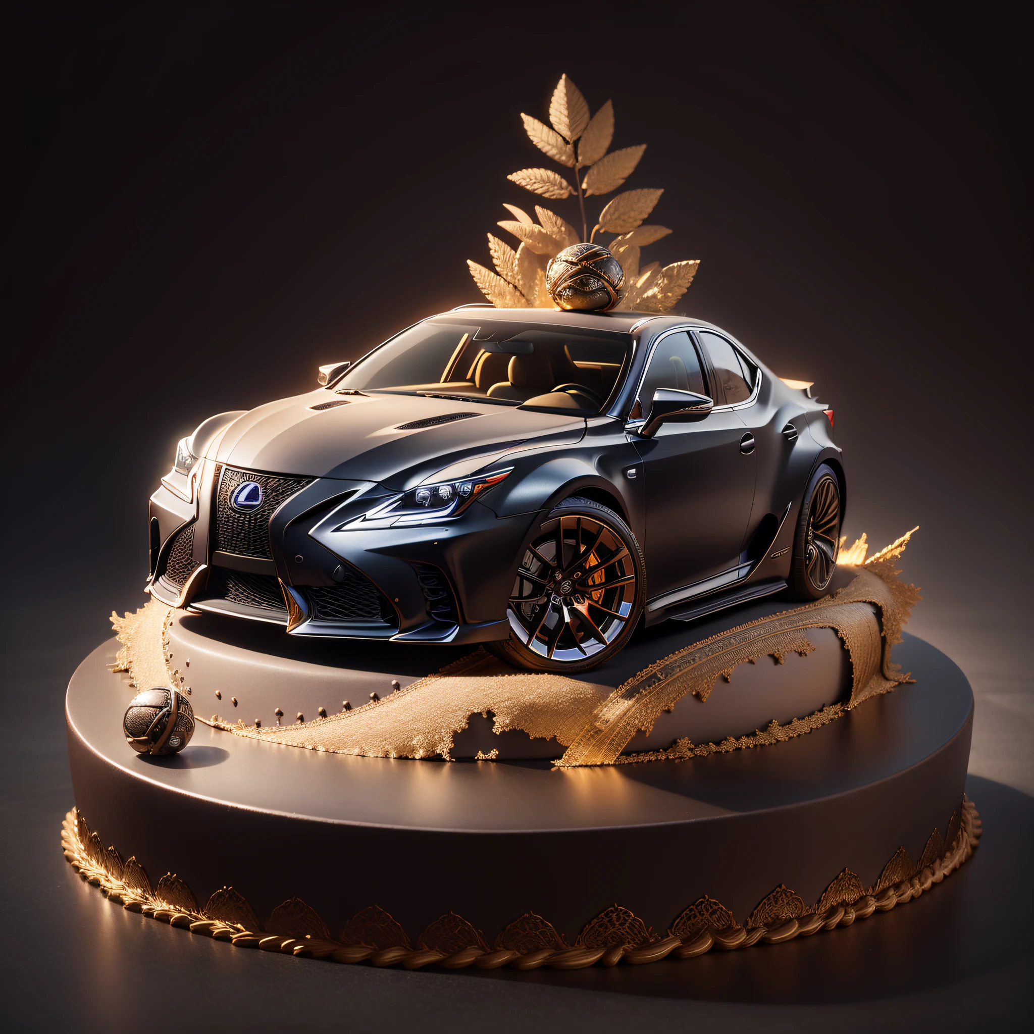 excellent quality, very detailed, Lexus-shaped cake, ultra-high resolution, with an incredible play of light and shadows, beautifully decorated, seductive and luxurious, with subtle details and nuances, rich colors and contrast, background with bright colors and large details.