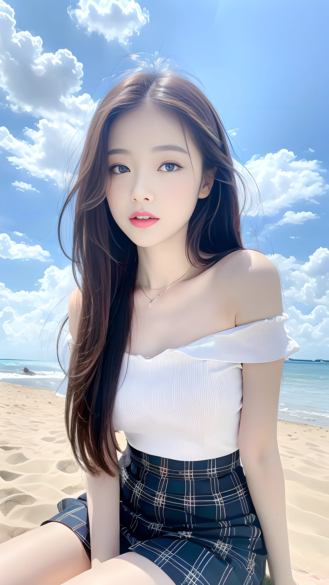 ((Best quality, 8K, Masterpiece:1.3)), a beautiful girl, pure, melon face, gentle and cute, thin figure, (frontal), (tilted head), looking directly at the camera, white loose shirt, plaid long skirt, black silky long straight hair, long hair flowing over the shoulders, round black big eyes, clear big eyes, watery red lips, sweet, sitting, blue sky and white clouds, sunshine, beach background,