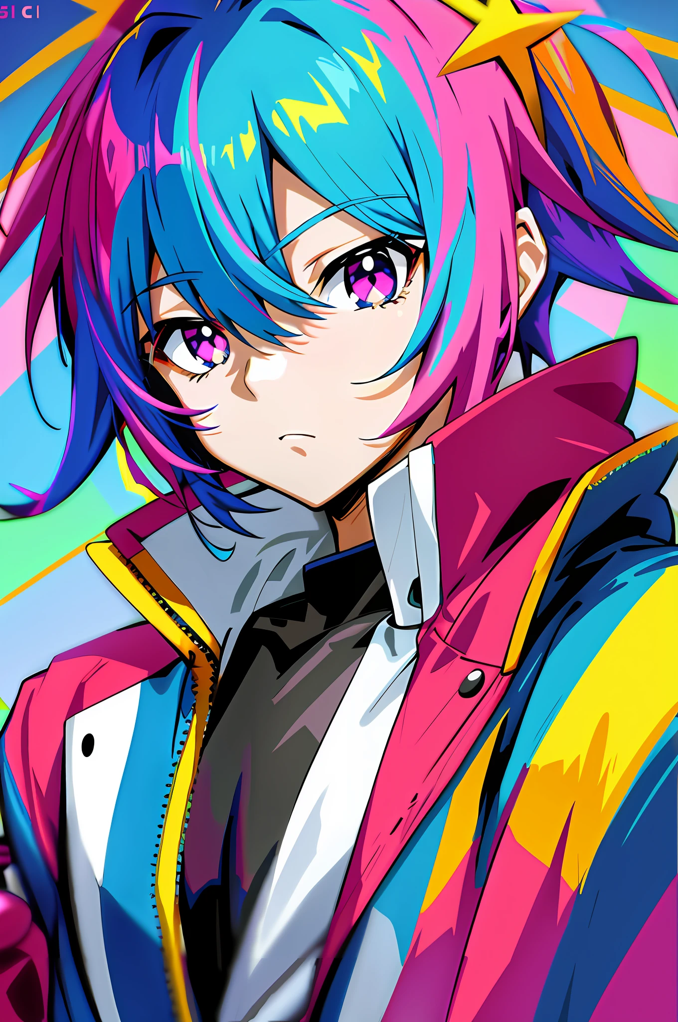 anime girl with blue hair and pink hair wearing a colorful jacket, style of ssss.gridman (2018), anime style 4 k, 2 d anime style, anime moe artstyle, in no game no life, hyper colorful, trigger anime artstyle, ssss.gridman, vivid color.digital 2d, high quality anime artstyle, colorful!!,headphones, left eye with star
