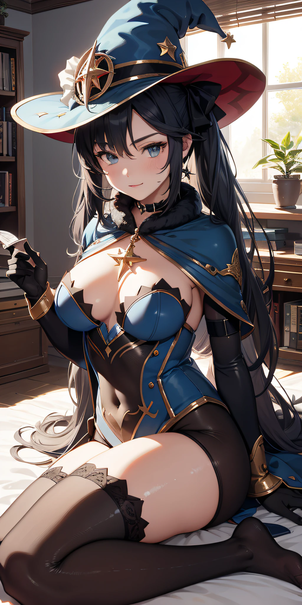 artstudt, (official art, extremely detailed CG unity 8k wallpaper),(1girl:1.3),beautifully detailed eyes, detailed fine nose, detailed fingers, (8k), (best quality), ( masterpiece:1.2), (realistic), ( photorealistic:1.37), extremely detailed beautiful, shiny skin, wizard hat, bodysuit, gloves, stockings, monadef, mona, genshin impact , medium breast, dark blue hair, book, magic, bedroom with books: sitting on the bed, bedroom, close eyes, (sleeping)