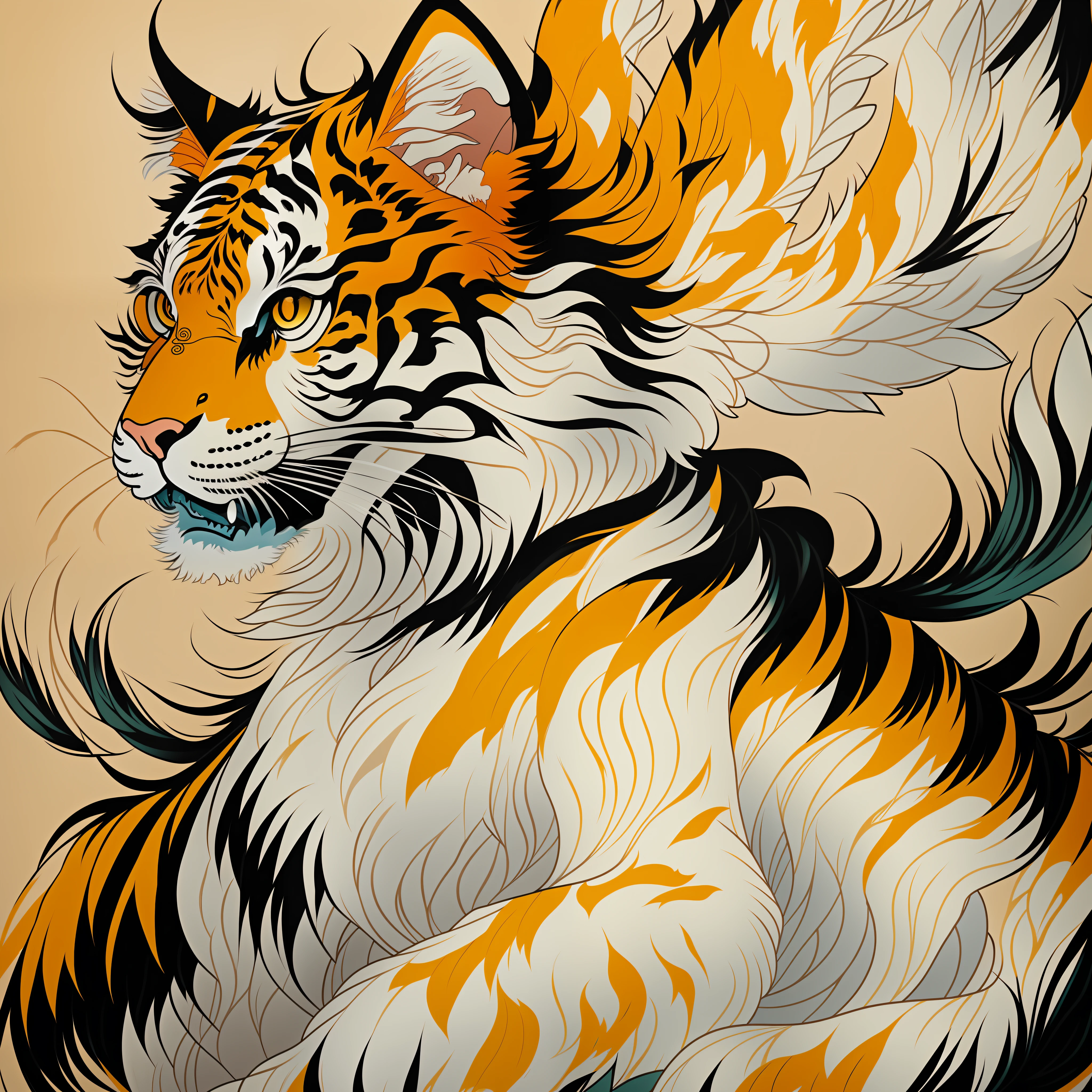 Close-up of an ancient Chinese adult Siberian tiger painting, mural, expression, ashura in Chinese mythology, ancient Chinese art style, Wen Boren, pale yellow Chinese tiger fantasy, mythical creatures, Chinese Siberian tiger concept art, ancient Chinese gorgeous, Chinese mythology, ink flower, inspired by Puhua, an ancient creature, qigong, single close-up, with body, Qing dynasty painting, traditional painting, intricate detail painting