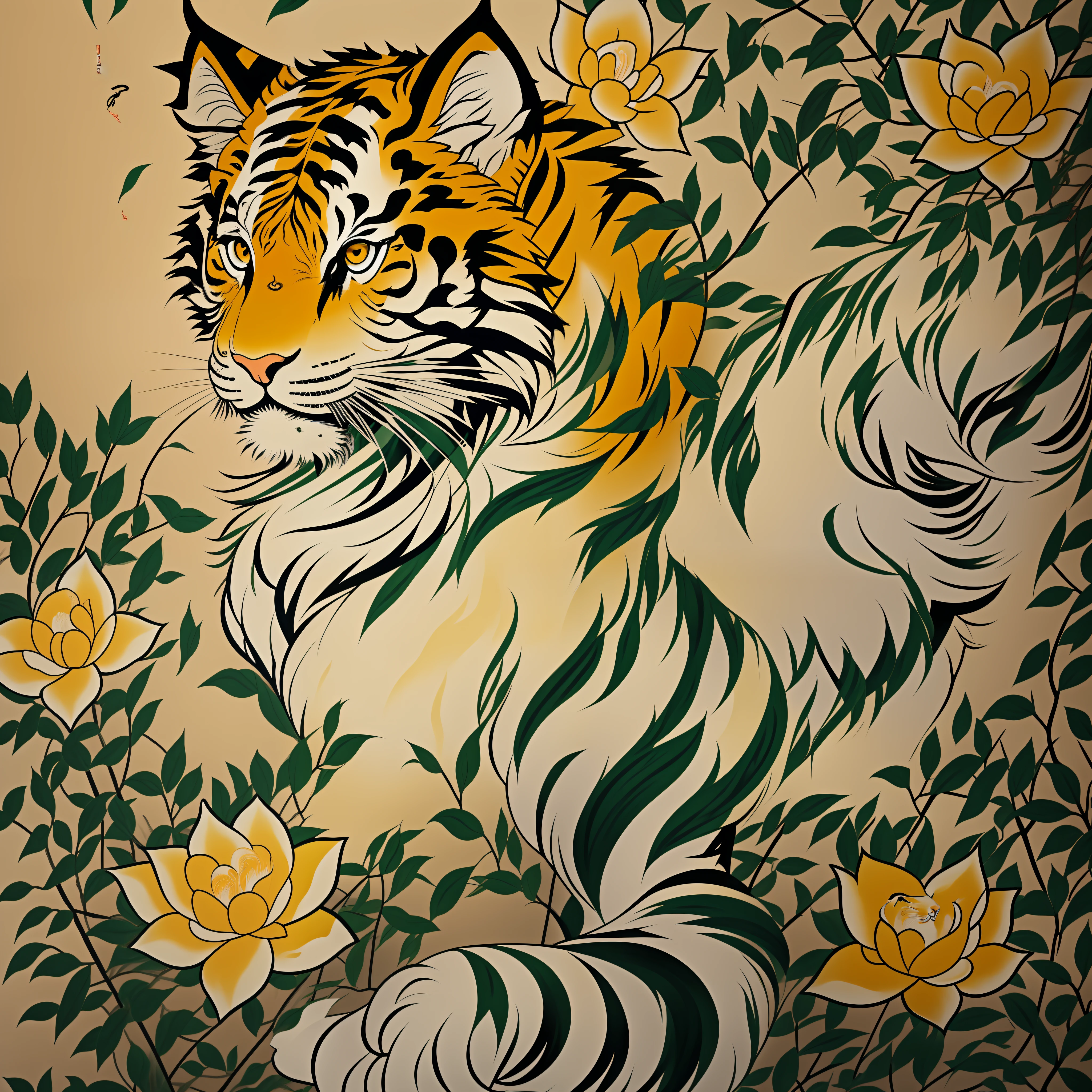 Close-up of an ancient Chinese adult Siberian tiger painting, mural, fierce expression, ashura in Chinese mythology, ancient Chinese art style, Wen Boren, pale yellow Chinese tiger fantasy, mythical creatures, Chinese Siberian tiger concept art, ancient Chinese gorgeous, Chinese mythology, ink flower, inspired by Puhua, an ancient creature, qigong, single close-up, with body, Qing dynasty painting, traditional painting, intricate detail painting