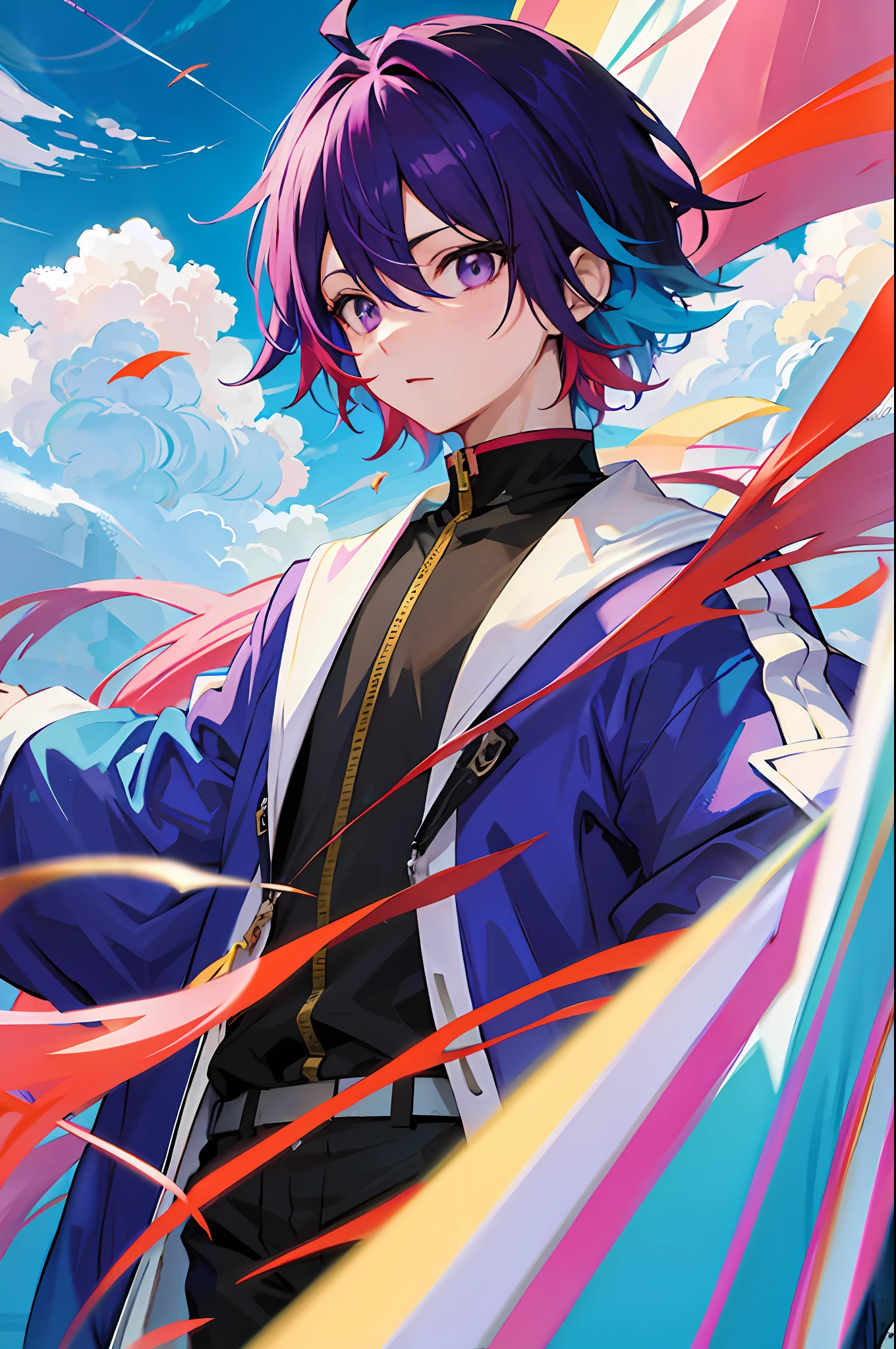 anime character with purple hair and blue eyes standing in front of a blue sky, anime style 4 k, anime moe artstyle, key anime art, high detailed official artwork, best anime 4k konachan wallpaper, anime art wallpaper 8 k, flying anime esper, official artwork, handsome guy in demon slayer art, official anime artwork, official art