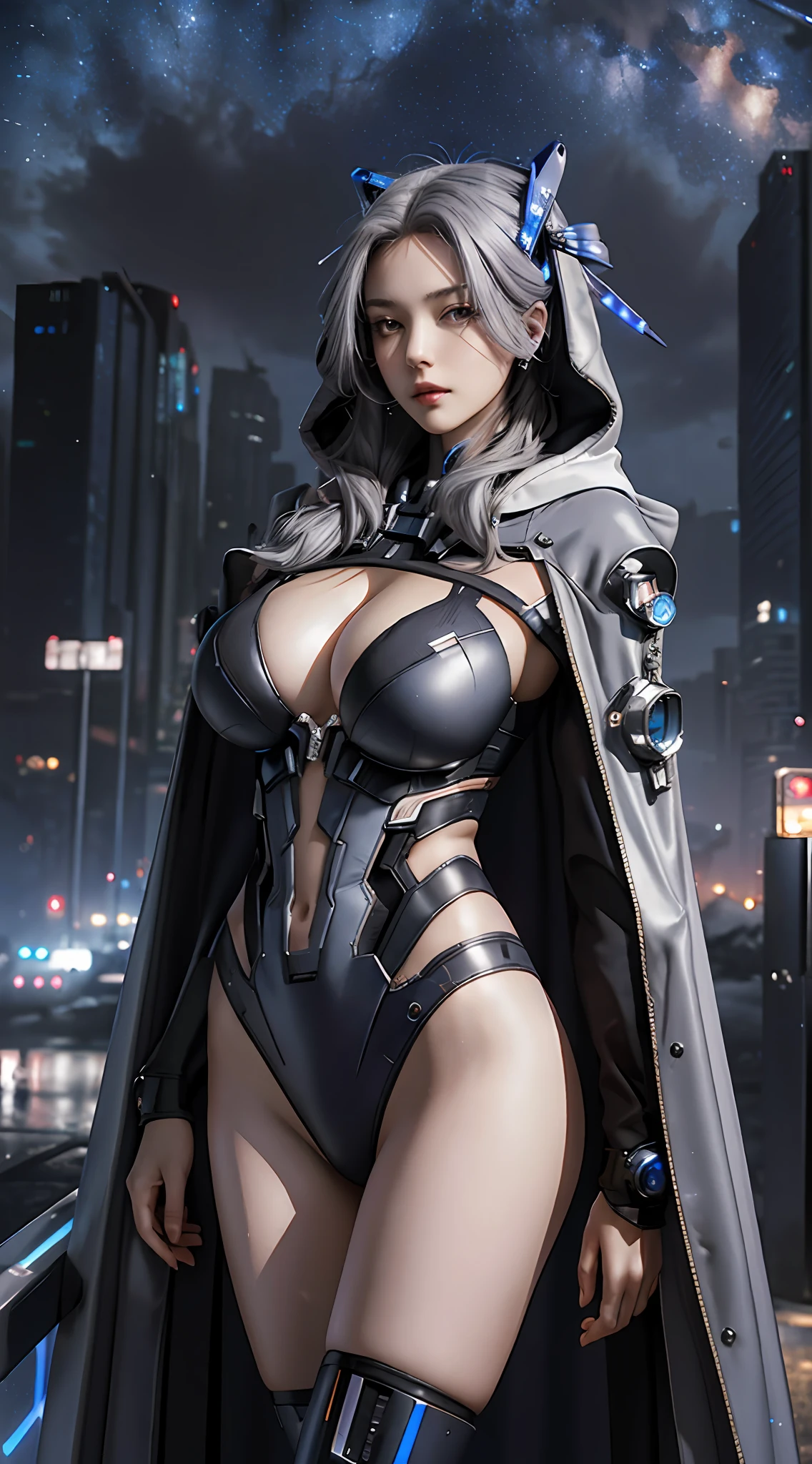 Masterpiece, best quality, 4k, mecha, starry sky, stars \ (sky\), cape, hair ribbon, slim legs, hood, long hair, gray hair, cyberpunk, depth of field, ((huge breast: 1.9))