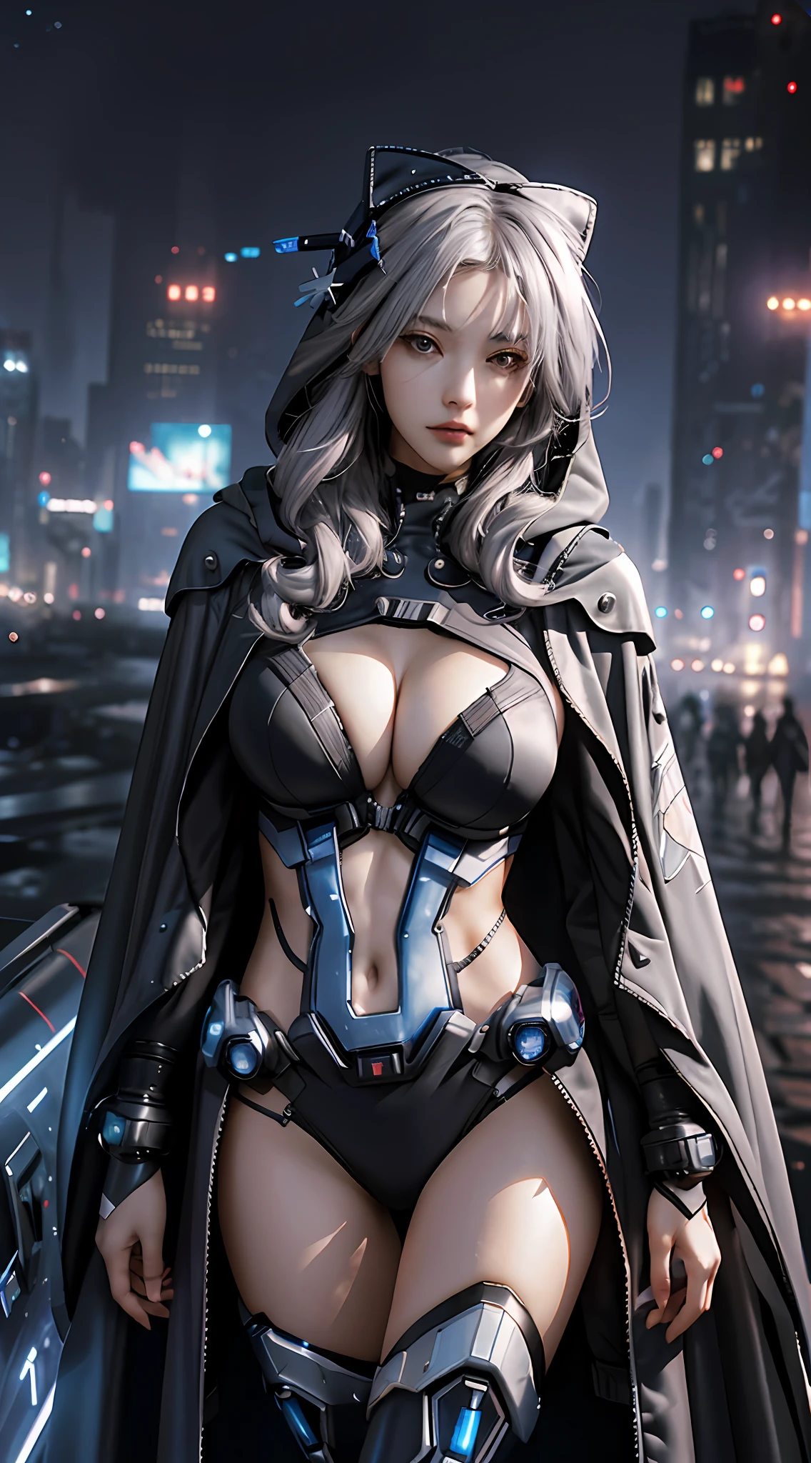 Masterpiece, best quality, 4k, mecha, starry sky, stars \ (sky\), cape, hair ribbon, slim legs, hood, long hair, gray hair, cyberpunk, depth of field, ((huge breast: 1.9))