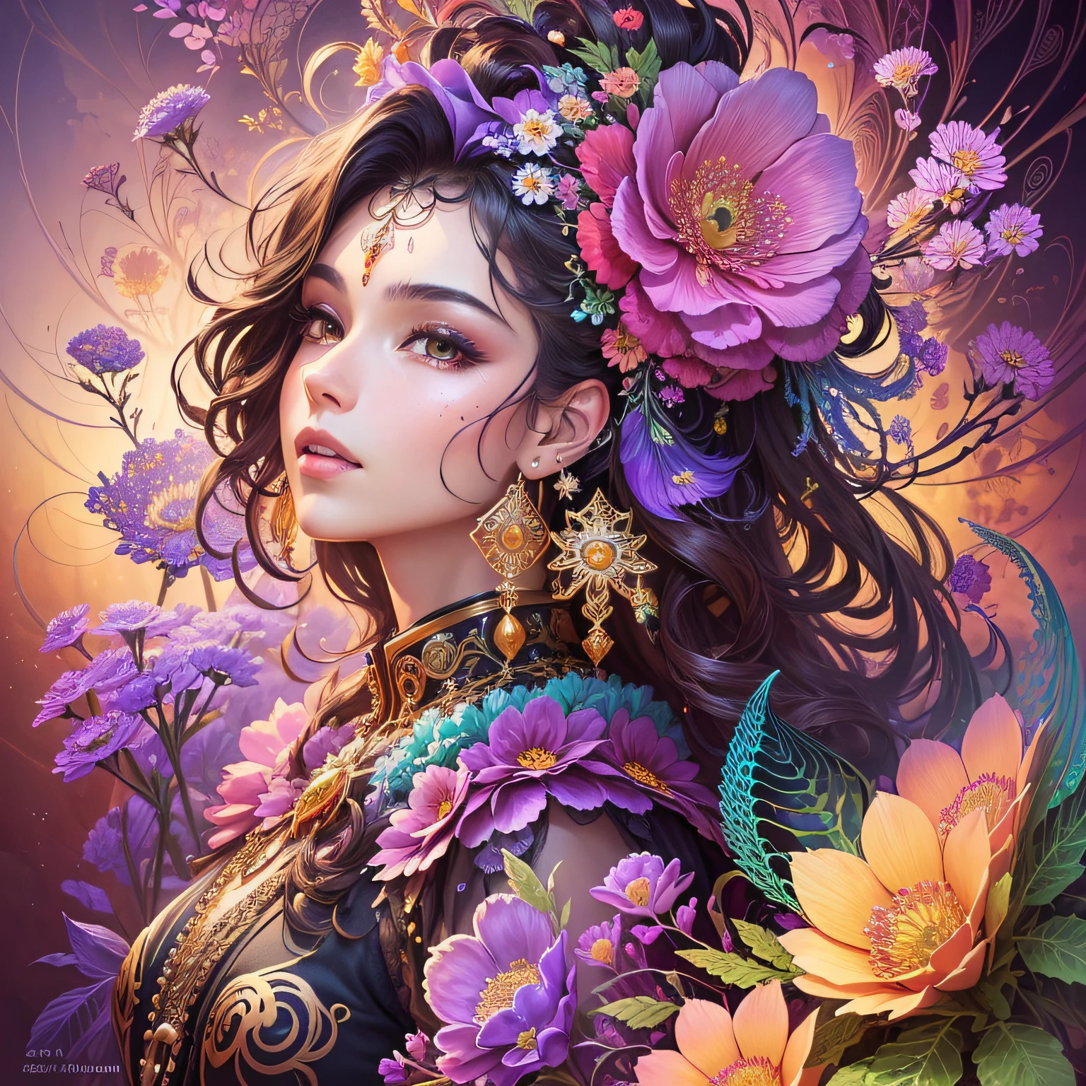 (masterpiece, top quality, best quality, official art, beautiful and aesthetic, extremely detailed,(fractal art),(colorful)(flowers),highest detailed (dynamic pose), (shiny skin),(earrings), --auto --s2