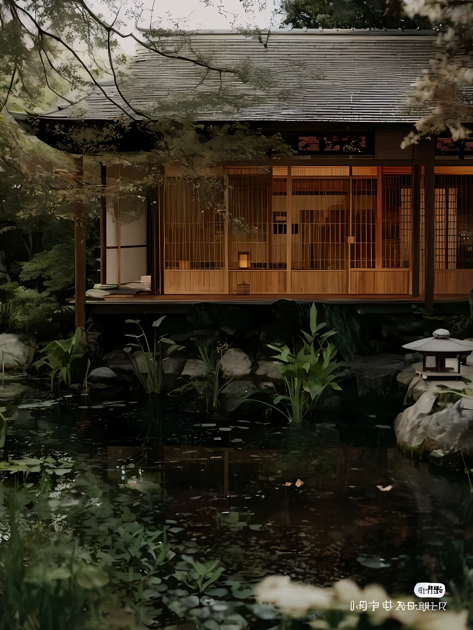 there is a small wooden building with a porch over a pond, inspired by Itō Jakuchū, japanese house, kyoto inspired, inspired by Sesshū Tōyō, inspired by Tōshi Yoshida, peaceful wooden mansion, japanese architecture, quiet and serene atmosphere, inspired by Inshō Dōmoto