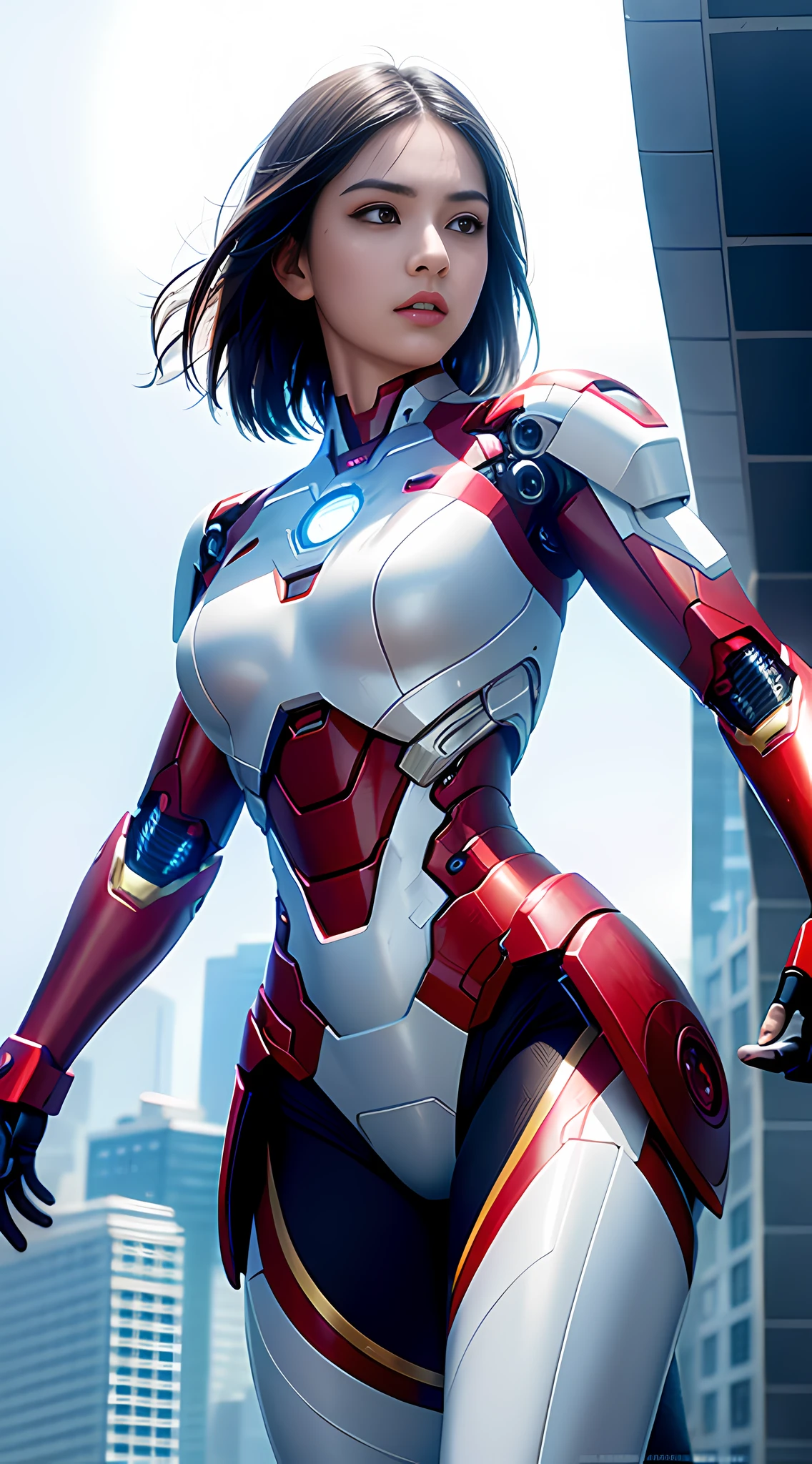 RAW, Masterpiece, Ultra Fine Photo,, Best Quality, Ultra High Resolution, Photorealistic, Sunlight, Full Body Portrait, Stunningly Beautiful,, Dynamic Poses, Delicate Face, Vibrant Eyes, (Side View) , she is wearing a futuristic Iron Man mech, very detailed background, detailed face, detailed busy background, messy, gorgeous, milky, high detailed skin, realistic skin details, visible pores, sharp focus, volume Fog, 8k uhd, dslr, high quality, film grain, fair skin, photorealism, lomography, sprawling metropolis in a futuristic dystopia, view from below, translucent