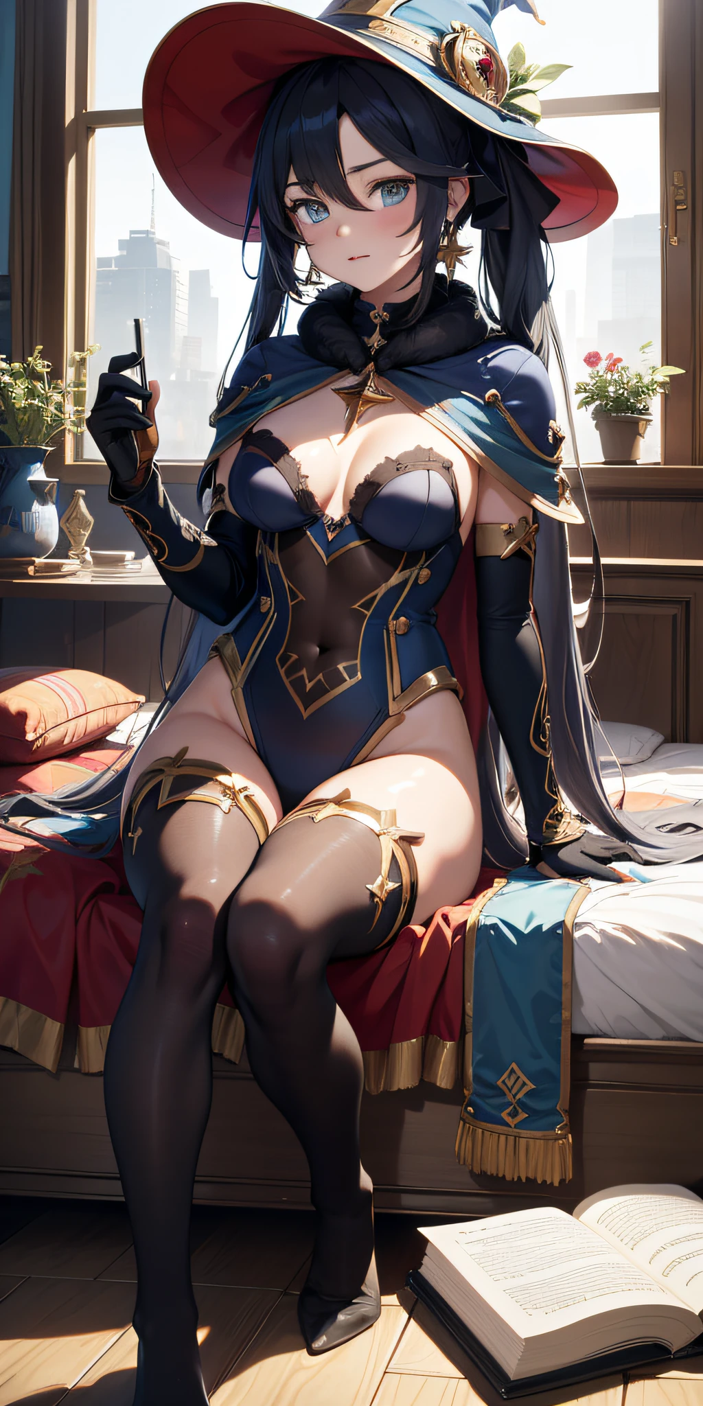 artstudt, (official art, extremely detailed CG unity 8k wallpaper),(1girl:1.3),beautifully detailed eyes, detailed fine nose, detailed fingers, (8k), (best quality), ( masterpiece:1.2), (realistic), ( photorealistic:1.37), extremely detailed beautiful, shiny skin, wizard hat, bodysuit, gloves, stockings, monadef, mona, genshin impact , medium breast, dark blue hair, book, magic, bedroom with books: sitting on the bed, bedroom, close eyes, (sleeping)