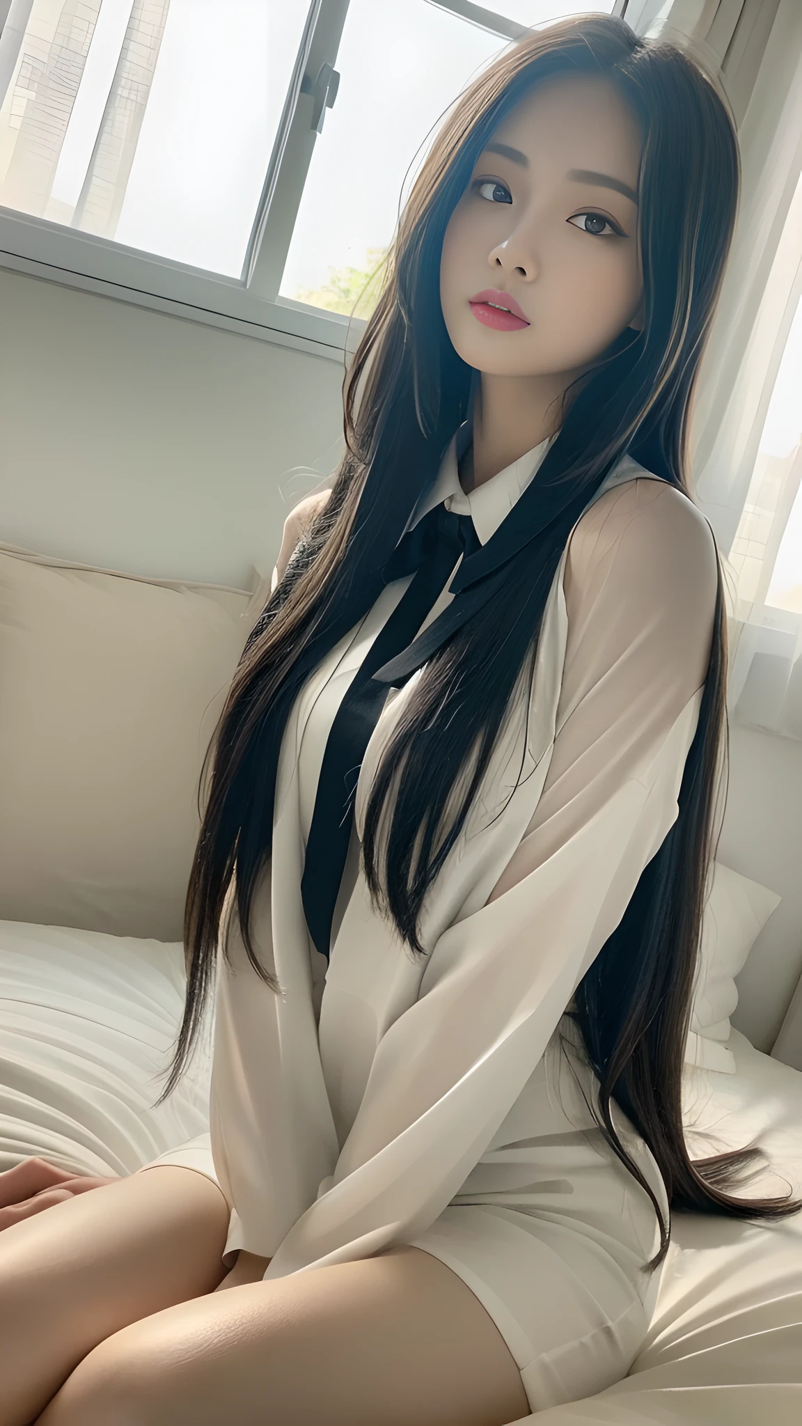 ((Best Quality, 8K, Masterpiece:1.3)), A beautiful girl, pure, melon face, gentle and cute, thin figure, (frontal), (tilted head), looking directly at the camera, uniform, obi, formal, black silky long straight hair, long hair flowing over the shoulders, round black big eyes, clear big eyes, moist red lips, sweet, sitting on the bed, sunlight, window background,