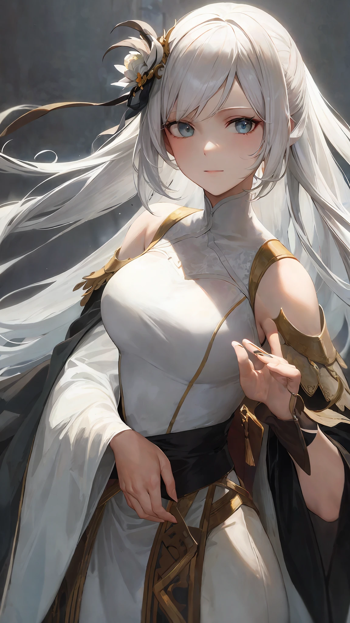 Close-up of a woman with white hair and white mask, beautiful figure painting