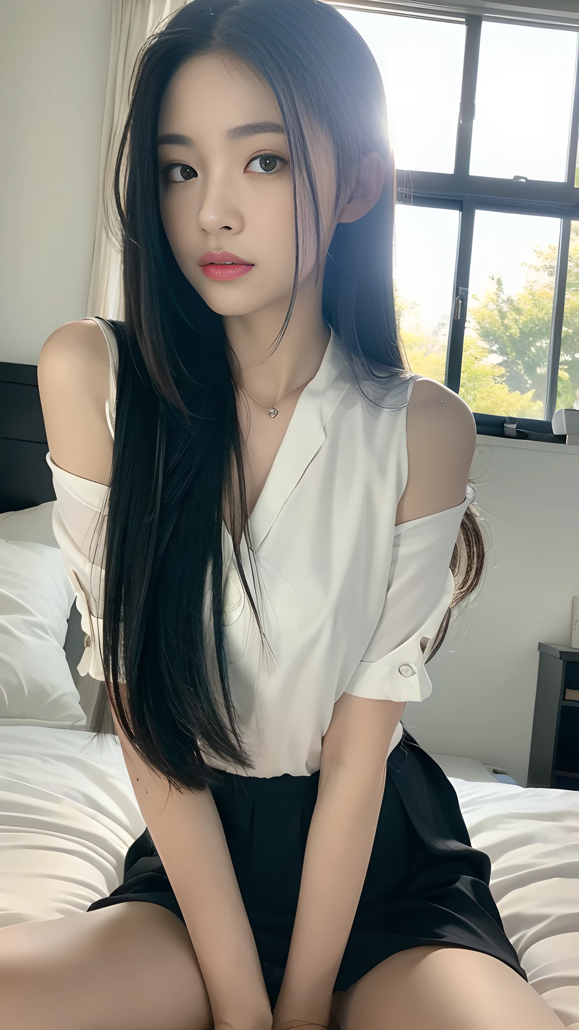 ((Best Quality, 8K, Masterpiece:1.3)), A beautiful girl, pure, melon face, gentle and cute, thin figure, (frontal), (tilted head), looking directly at the camera, uniform, obi, formal, black silky long straight hair, long hair flowing over the shoulders, round black big eyes, clear big eyes, moist red lips, sweet, sitting on the bed, sunlight, window background,