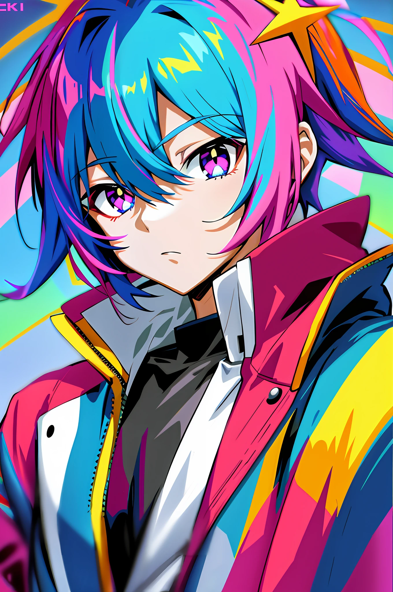 anime boy with blue hair and pink hair wearing a colorful jacket, style of ssss.gridman (2018), anime style 4 k, 2 d anime style, anime moe artstyle, in no game no life, hyper colorful, trigger anime artstyle, ssss.gridman, vivid color.digital 2d, high quality anime artstyle, colorful!!,headphones, left eye with star