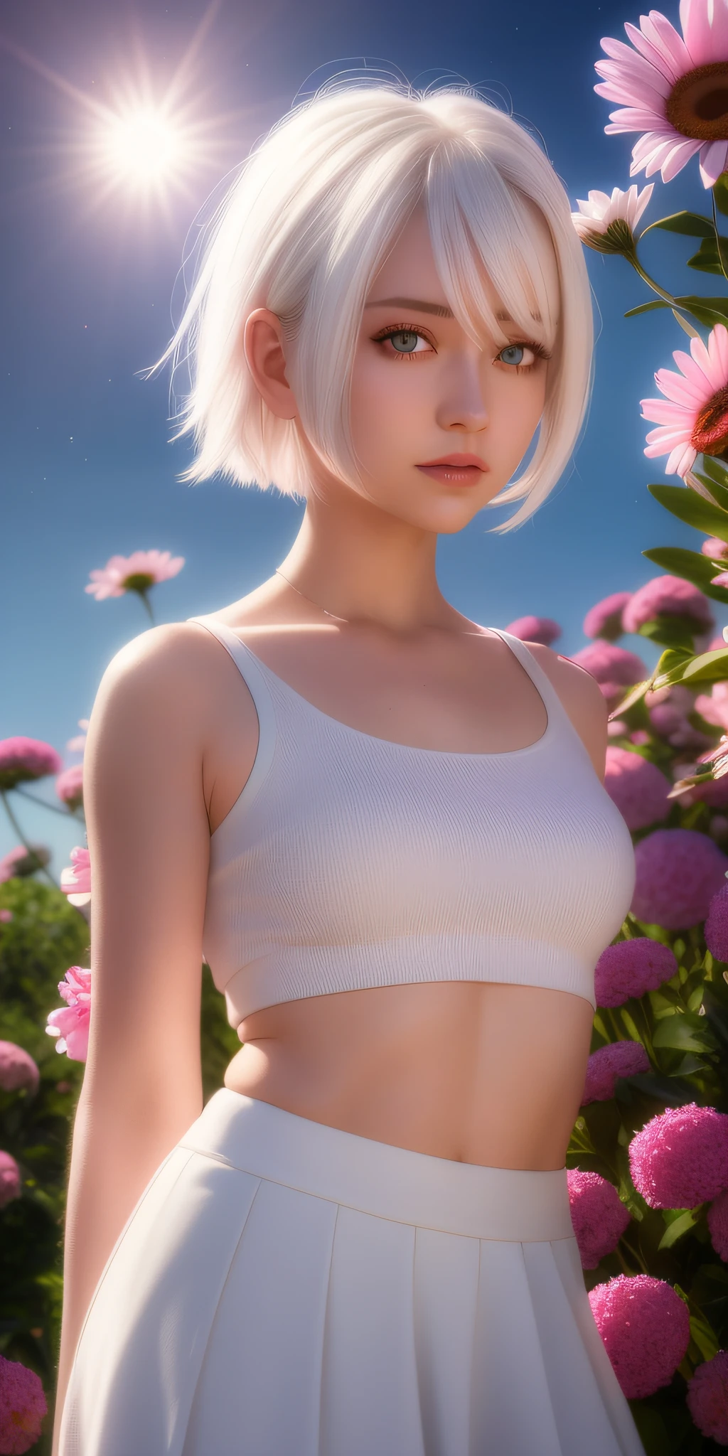 realistic, 1girl, white hair, purple eyes, glowing eyes, crop top, skirt, parted lips, blush, night, flowers, sun, sunlight,