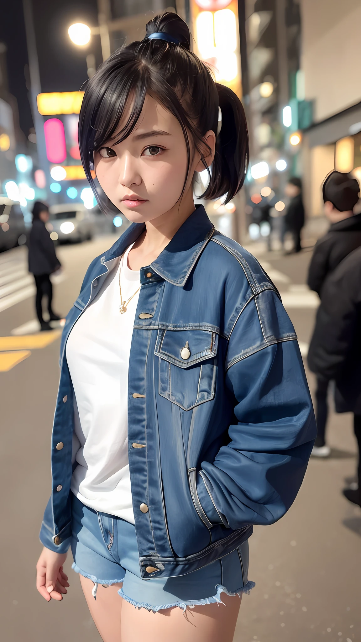 (Masterpiece), (High Detail), (High Detail Face), Complex Detail, Depth of Field, Backlight, Awards, High Quality, Best Quality, 8K, Ryoko Hirosue,18 Years Old, (Reverse Bob Hair:1.3), Short Dark Blue Hair, Ponytail, Cyberpunk Jacket, Black Short Denim, Outside, Street, Tokyo, Night, Standing, Watching Audience