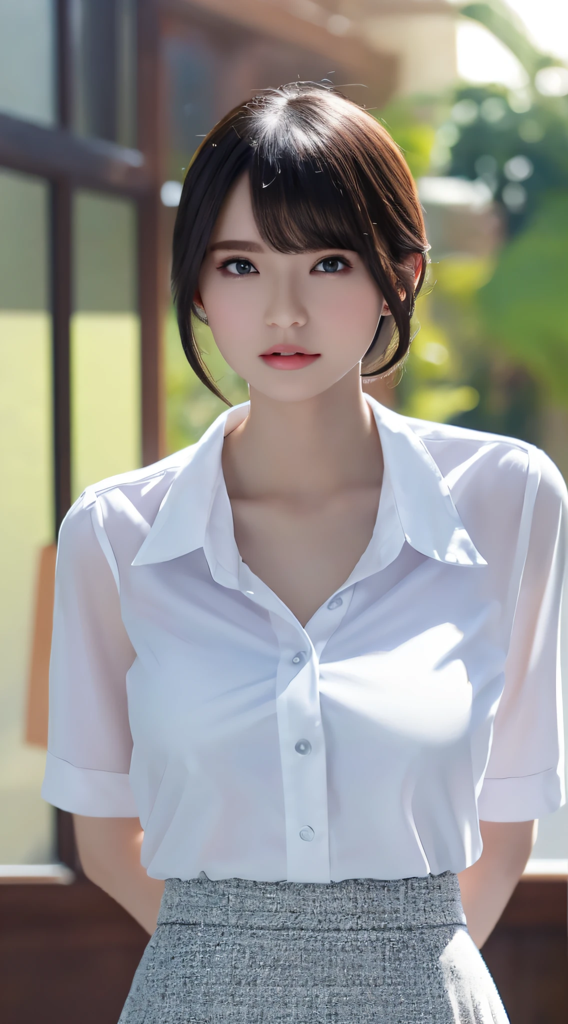 best image quality, 8k, masterpiece, white business shirt, full body photo, focus clear, beauty with outstanding style, highly detailed face and skin texture, detailed eyes, double eyelids, office, full body, short hair, big breasts, see-through, black skirt