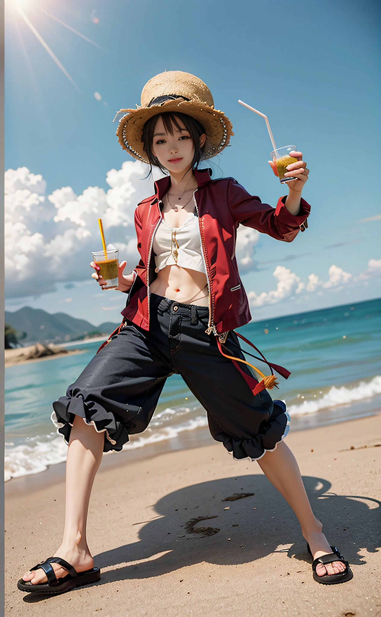 ((Best Quality, 8k, Masterpiece :1.3)), Full body, Long legs, Sharp Focus :1.2, A beautiful woman with perfect figure :1.4, Slim Abs :1.1, ((Black hair, Huge breasts :0.4)), (One Piece Luffy's straw hat, red top, black pants, straw shoes), Highly detailed face and skin texture, brown eyes, beautiful and delicate eyes, Double eyelids, smile, clear sky, professional lighting, photon mapping, light energy transfer, Physically based rendering, (Pale Skin: 1.2), Look at the viewer, brighten the skin, shoot in front of the light