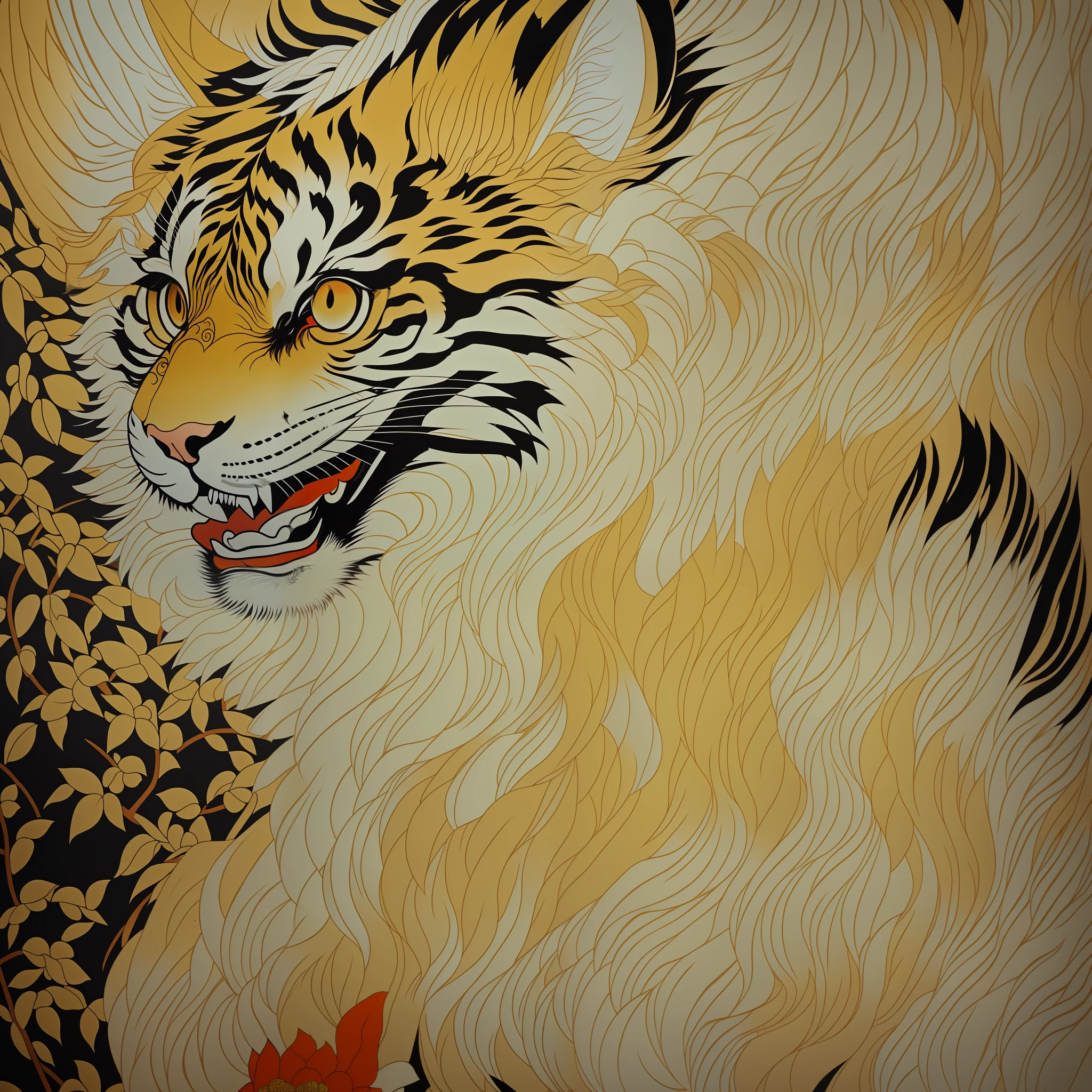Close-up of an ancient Chinese adult Siberian tiger painting, mural, fierce expression, ashura in Chinese mythology, ancient Chinese art style, Wen Boren, pale yellow Chinese tiger fantasy, mythical creatures, Chinese Siberian tiger concept art, ancient Chinese gorgeous, Chinese mythology, ink flower, inspired by Puhua, an ancient creature, qigong, single close-up, with body, Qing dynasty painting, traditional painting, intricate detail painting