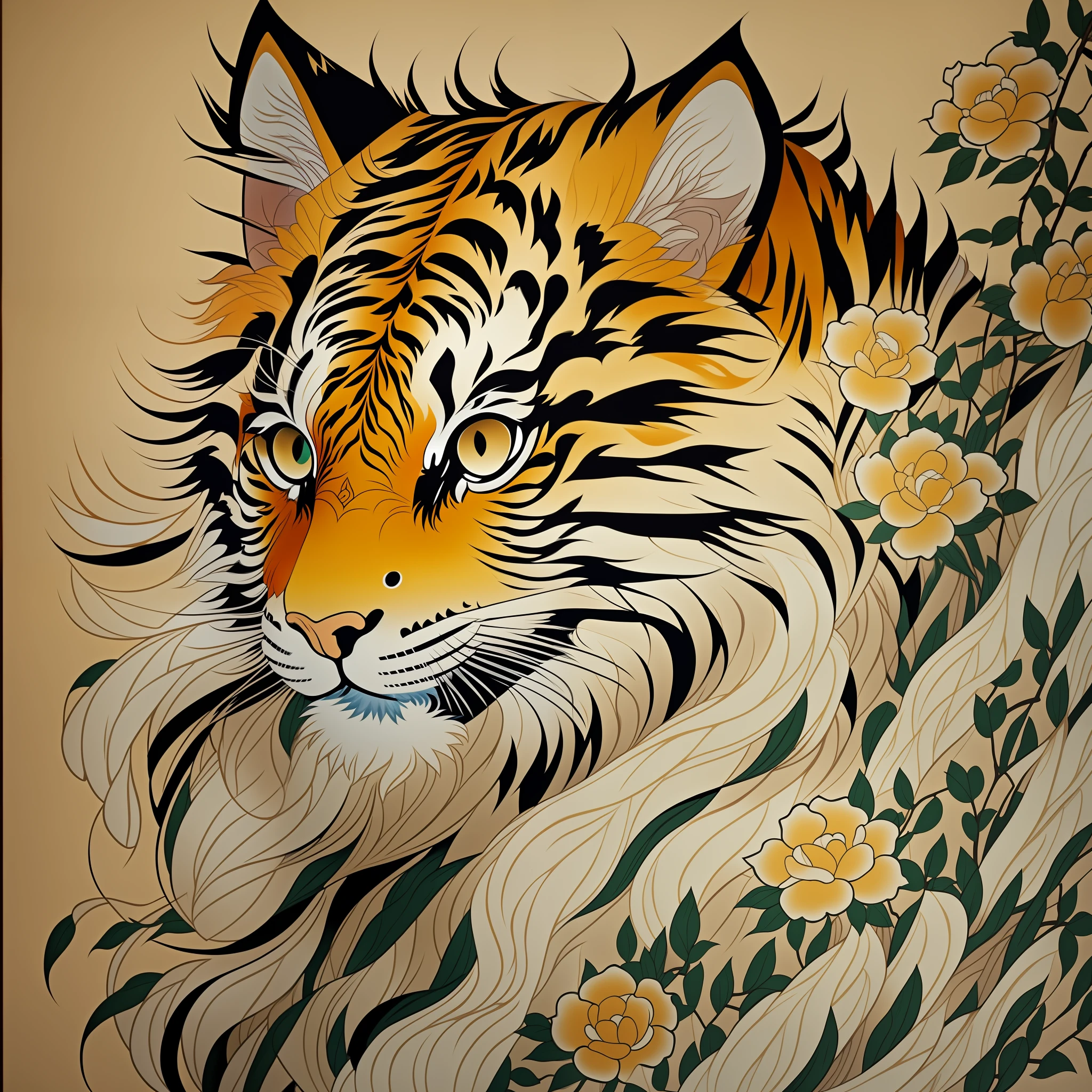 Close-up of an ancient Chinese adult Siberian tiger painting, mural, fierce expression, ashura in Chinese mythology, ancient Chinese art style, Wen Boren, pale yellow Chinese tiger fantasy, mythical creatures, Chinese Siberian tiger concept art, ancient Chinese gorgeous, Chinese mythology, ink flower, inspired by Puhua, an ancient creature, qigong, single close-up, with body, Qing dynasty painting, traditional painting, intricate detail painting