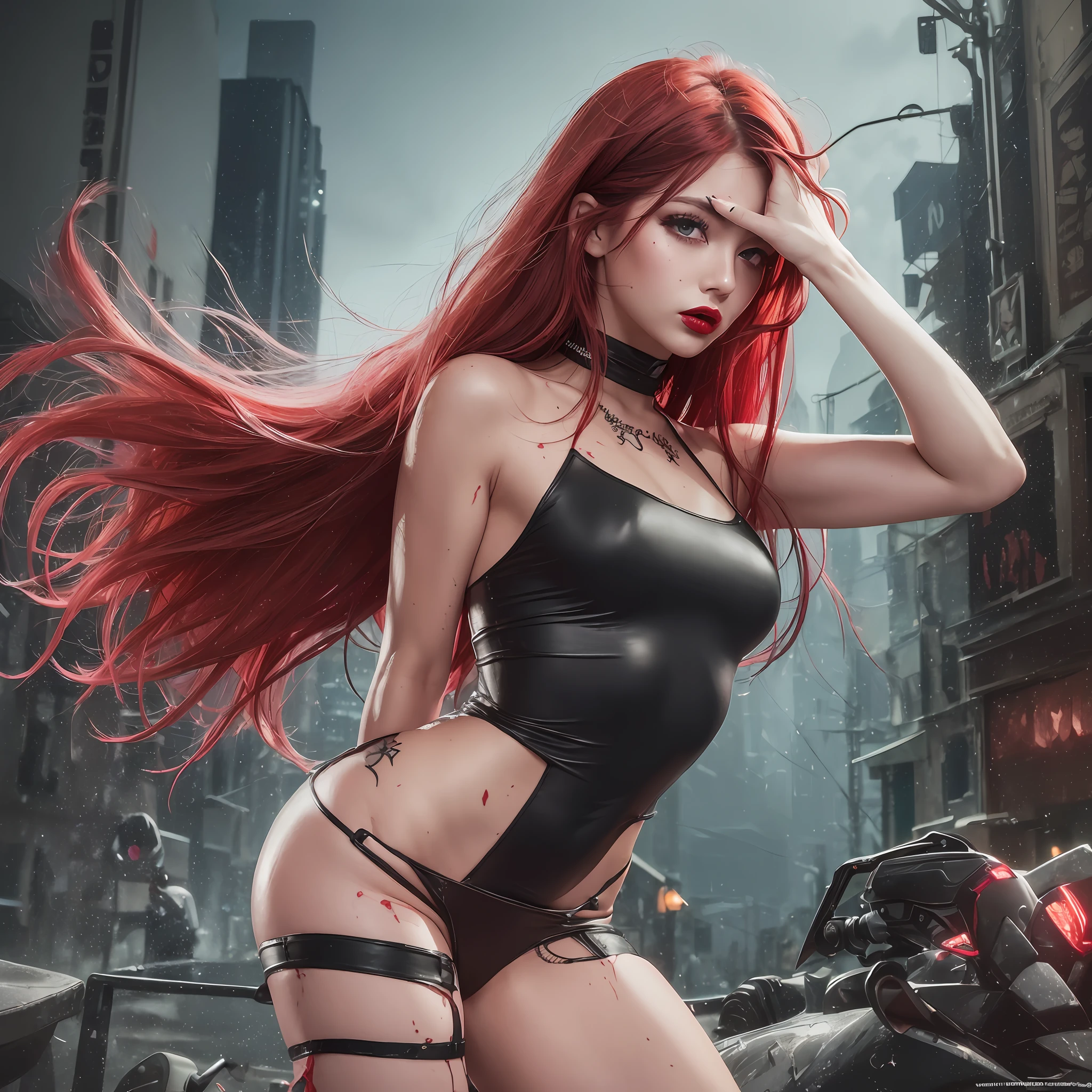 (best quality), (top quality), (8k), (masterpiece), (dark), (whole body), (melancholy), (sadness), (agony), (terror), (horror), (dark), (neon), (neon effects), (bright), (realistic photo), (real photo), (real woman), (real woman), rain, street, night, real woman crying tears of blood (long red hair, perfect eyes, green colored eyes, big eyelashes, perfect nose, perfect mouth, red lipstick, slim body,  small ???????, wearing short ripped black dress soiled with clay and blood, tattoo on the arms and legs). --auto --s2