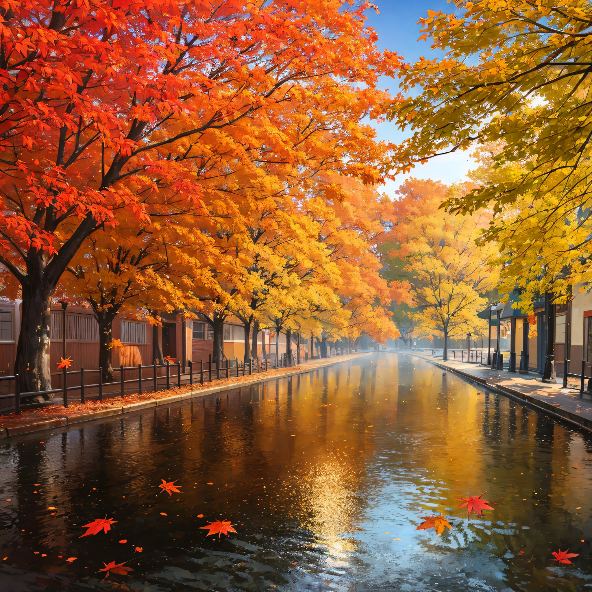 Autumn leaves Street trees Red Leaf fall Evening No people Sunny Water surface --auto --s2