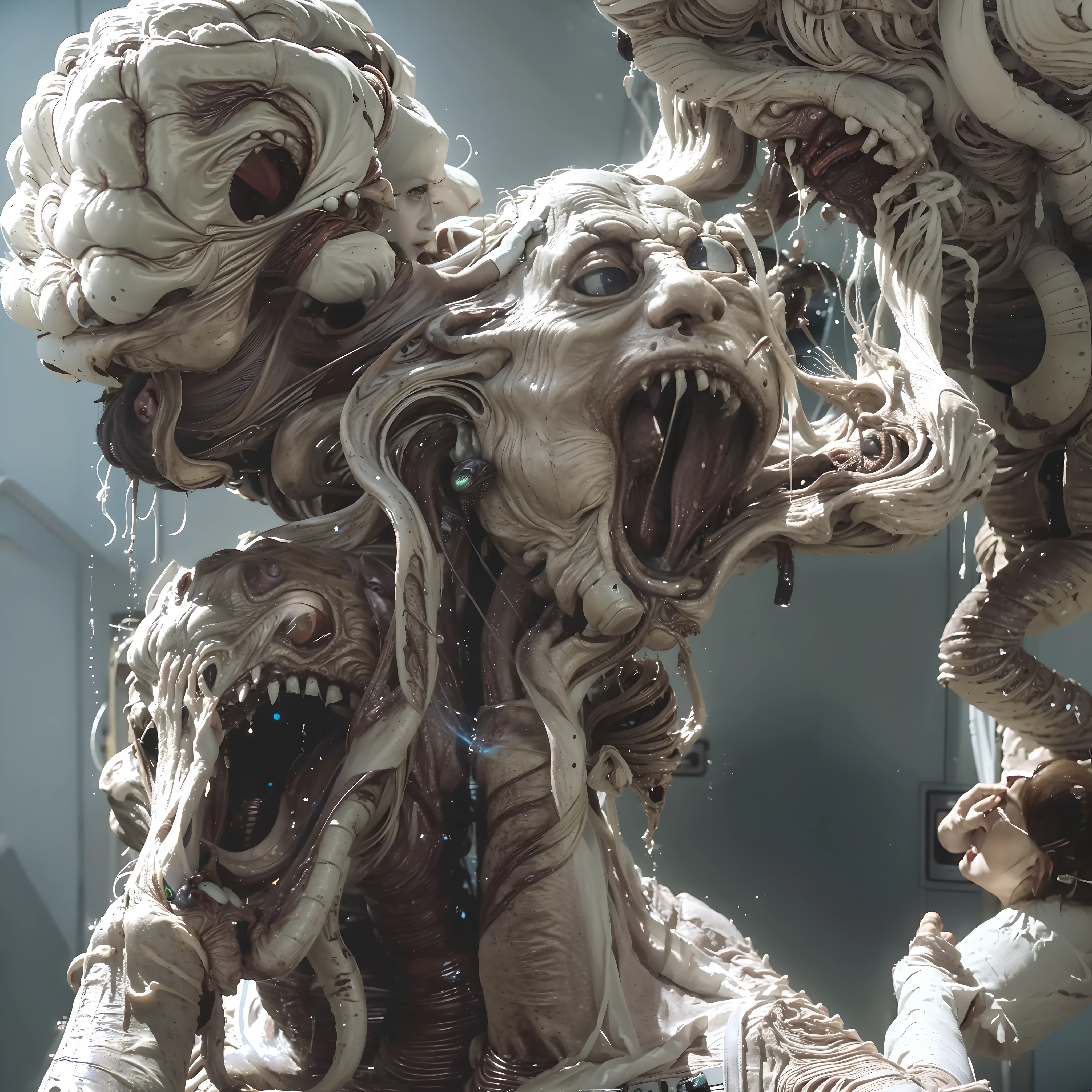 Ultra-realistic, alien and human encounter, grandma fights to the death, grandma is eaten by aliens, heavy bleeding, ultra high quality, 8K, 32K, F1.8