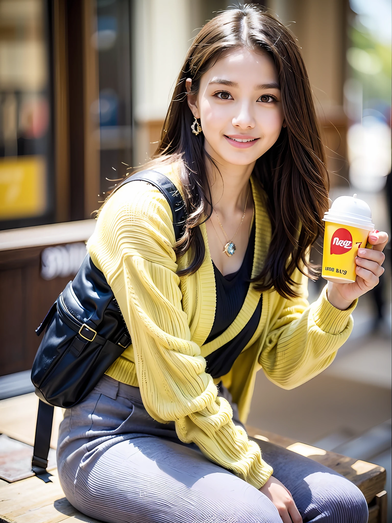 Perfect face and big breasts, lean face, thin eyebrows, right hand and hair, brown hair, middle hair curled hair, ((20-year-old girl with a slim and slender physique)), slender physique, lean !!!、 skin has detailed and very detailed eyes (1.1 emphasis), very detailed skin texture (1.1 emphasis). Necklace. Model photo style, photorealistic, skin texture is real human skin texture, detailed skin pores, intricate details, eyes very detailed. Adult date attire, dating, dating!!!、! Dream date, very detailed date, McDonald's, McDonald's store, fluffy black knit sweater with long sleeves, cream pants, jacket, rucksack, earrings. Full body, attractive sexy little bit, smile, strong smile, cute pose, sitting. Eating a hot dog, smiling. :2 --s2