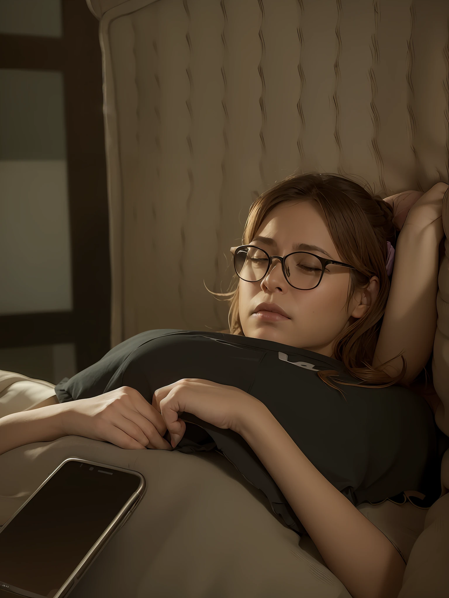 there is a woman laying in bed with a cell phone, woman very tired, resting on a tough day, looking tired, movie still of a tired, resting after a hard fight, relaxing on the couch, relaxing on a couch, someone in home sits in bed, tired half closed, 30 years old woman, 3 0 years old woman, she has tired eyes