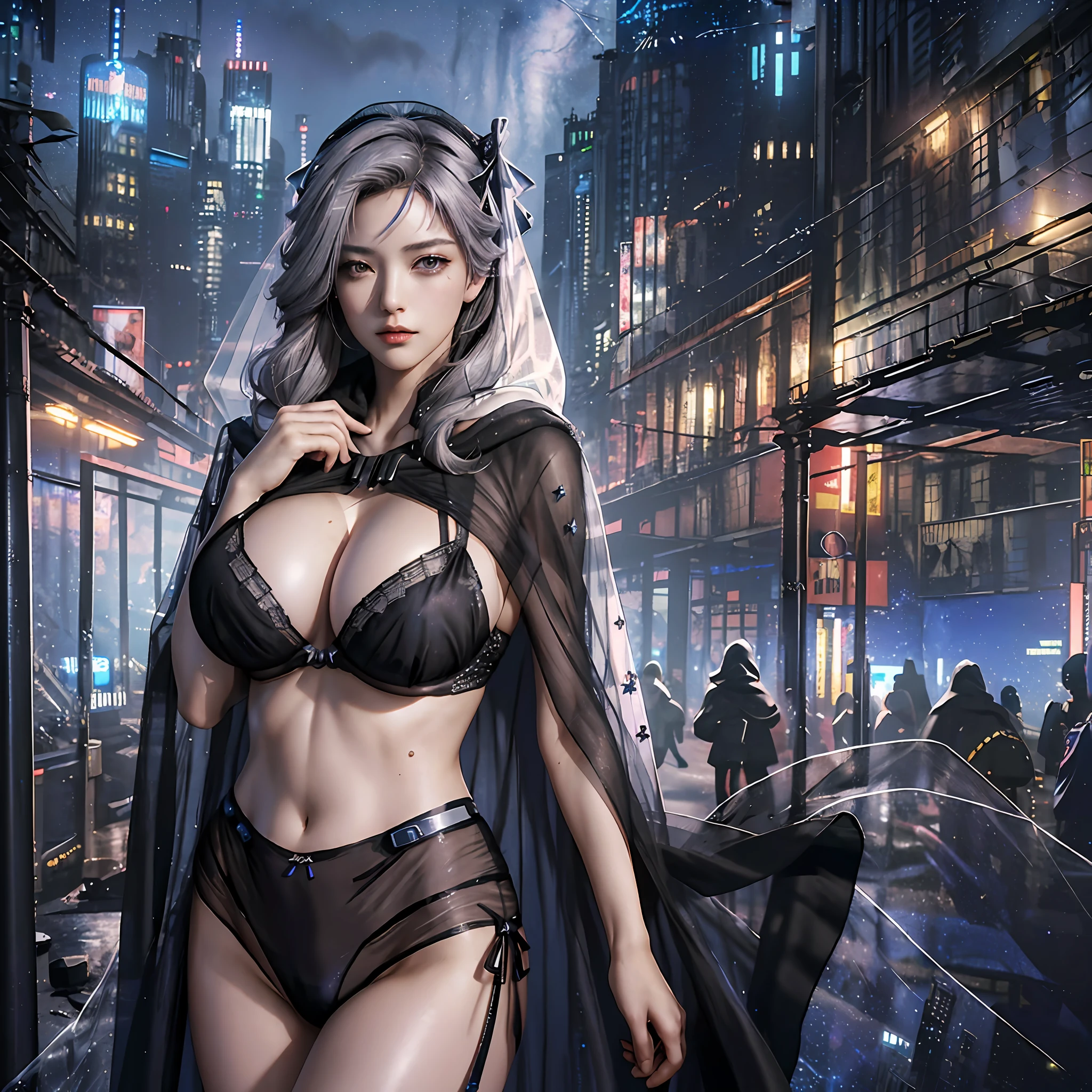 Masterpiece, (sheer fabrics:1.4), upper body, best quality, 4k, mecha, starry sky, stars \ (sky\), cape, hair ribbon, slim legs, hood, long hair, gray hair, cyberpunk, depth of field, ((huge breast: 1.9))